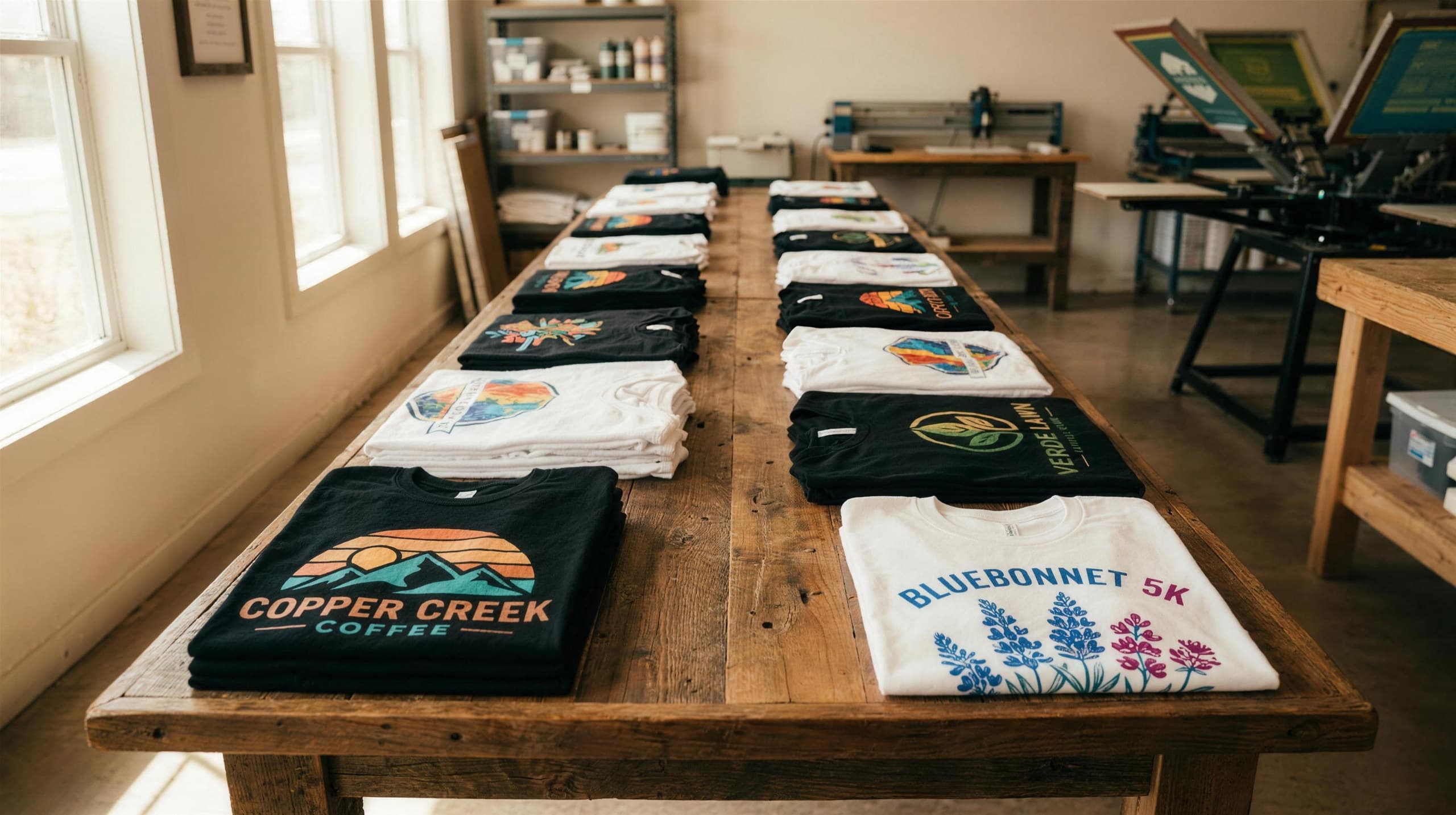 Folded stacks of custom printed white and black t-shirts on a print shop table