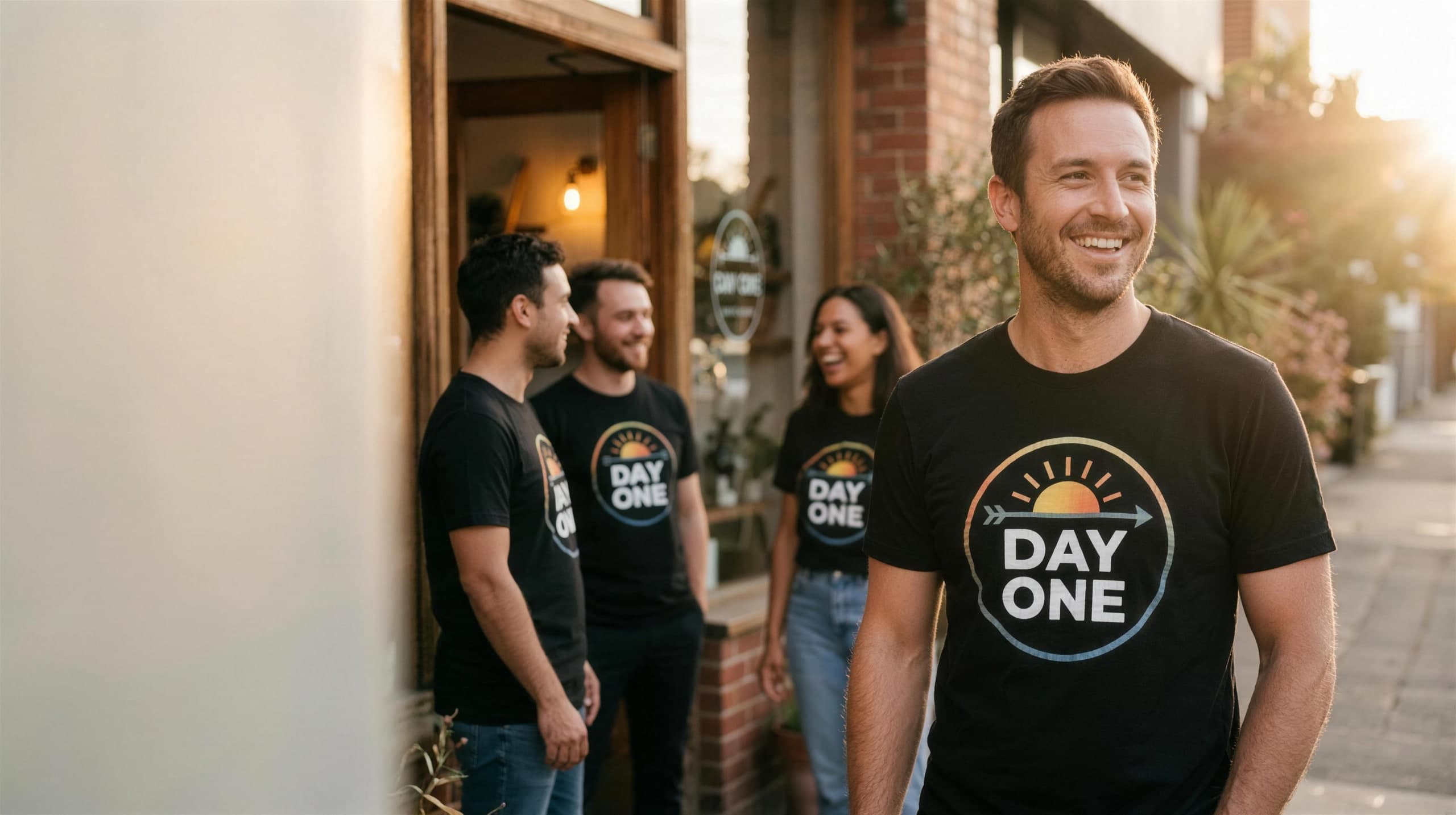 Small business crew in matching black screen printed t-shirts outside their storefront at golden hour