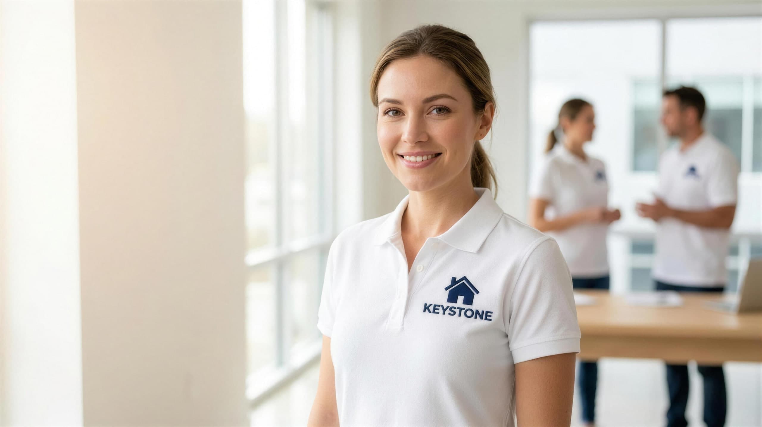 Smiling woman in a white embroidered polo in a bright office with colleagues in matching polos behind her