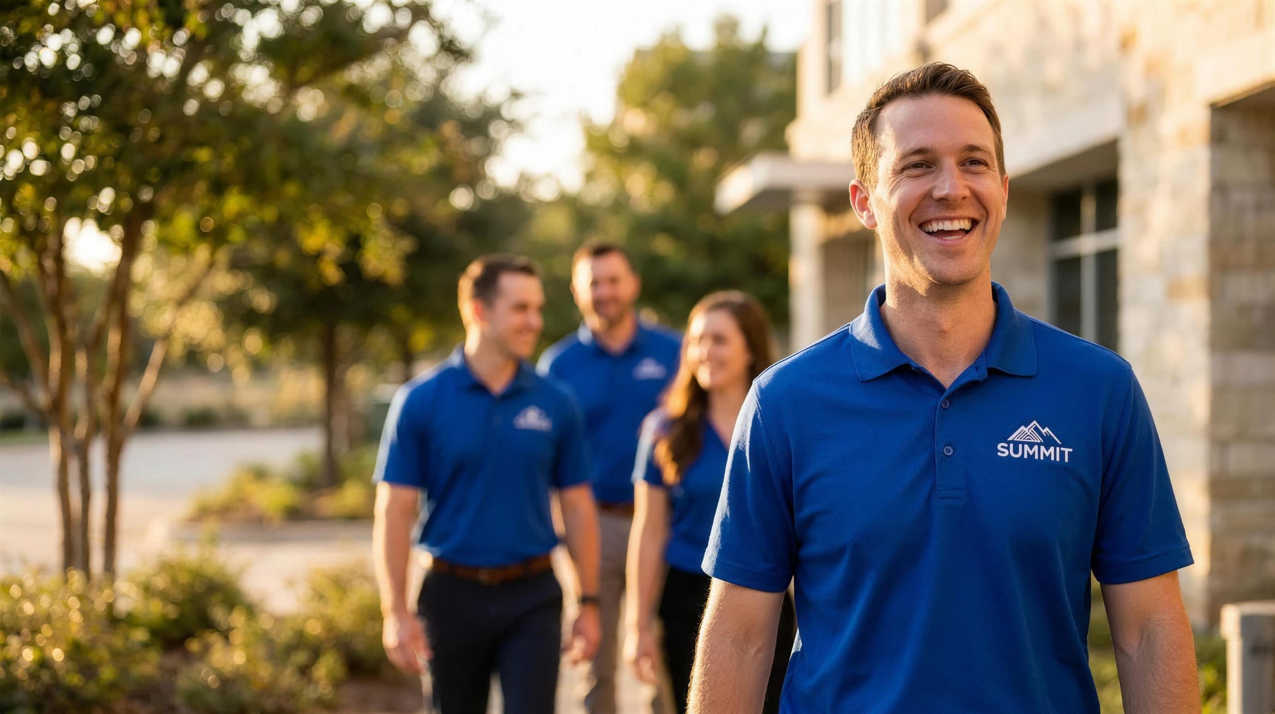 Team walking together in matching true royal embroidered polos at an outdoor business venue