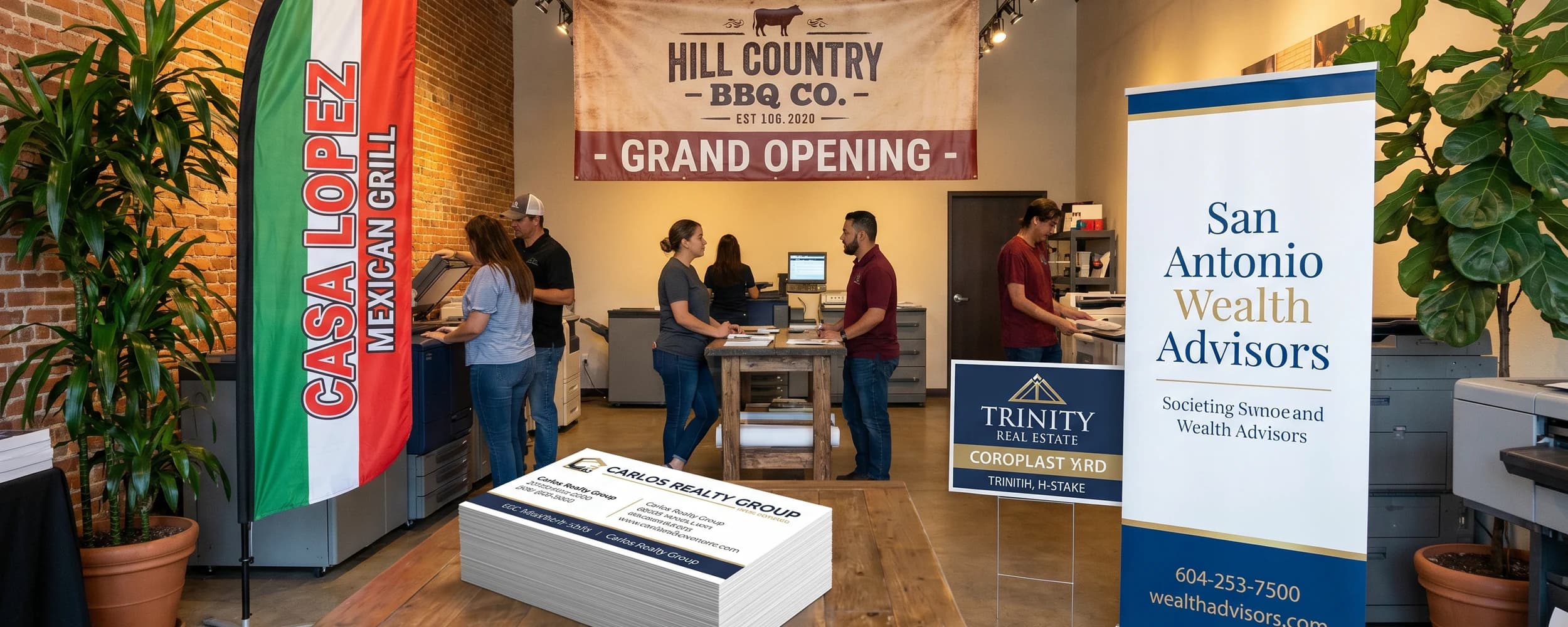 Assortment of custom print products from local San Antonio businesses