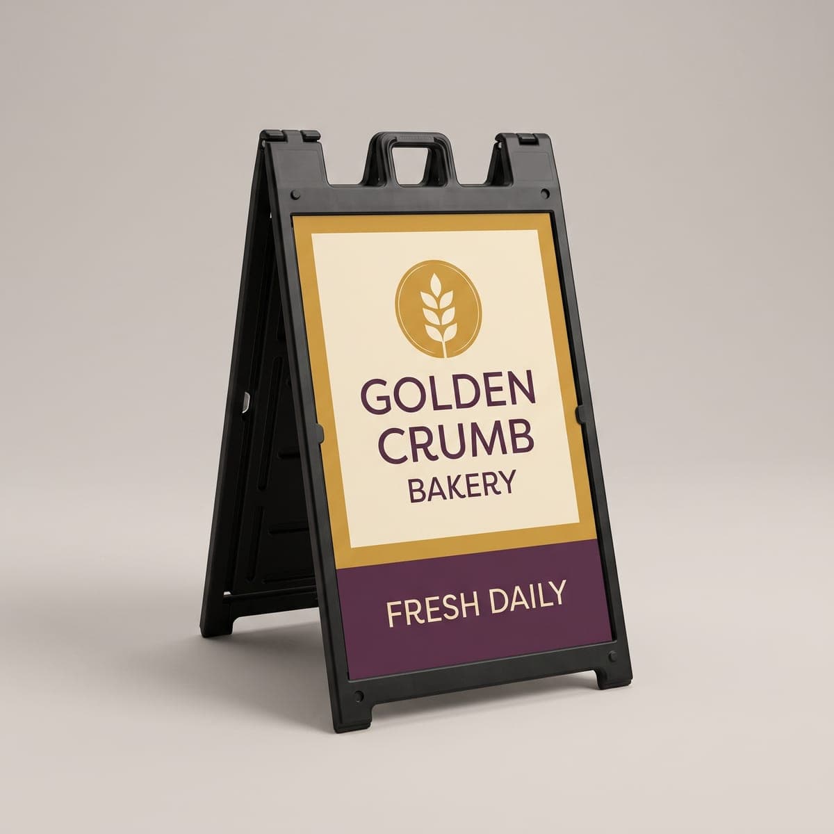 Black plastic A-frame sidewalk sign with the cream and plum Golden Crumb Bakery panel in a studio