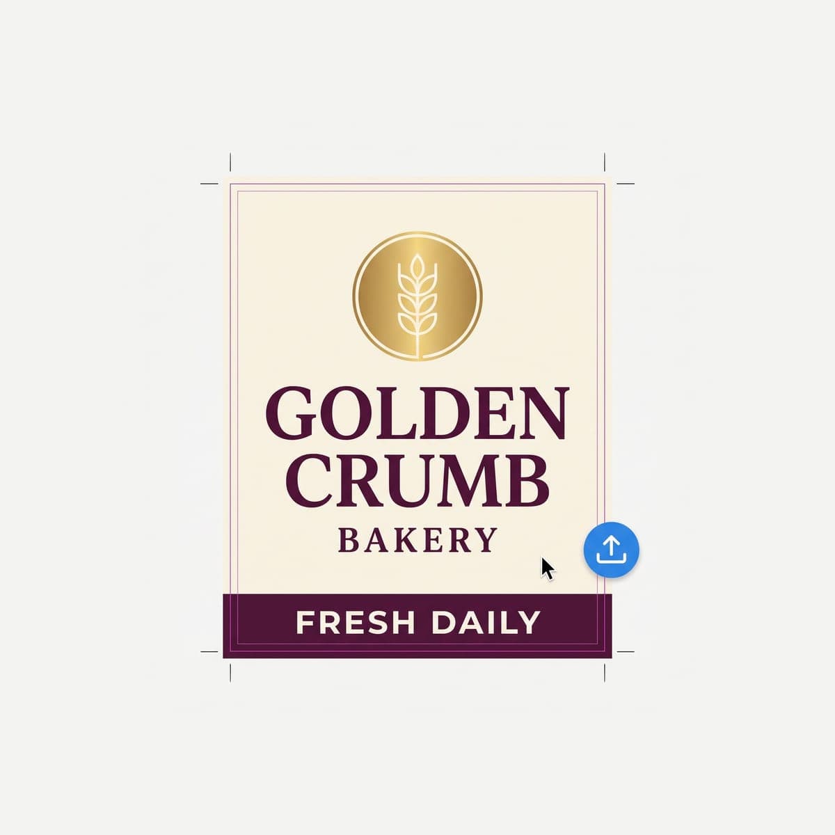Flat Golden Crumb Bakery A-frame insert print file laid out with bleed guides, crop marks, an upload icon and a cursor