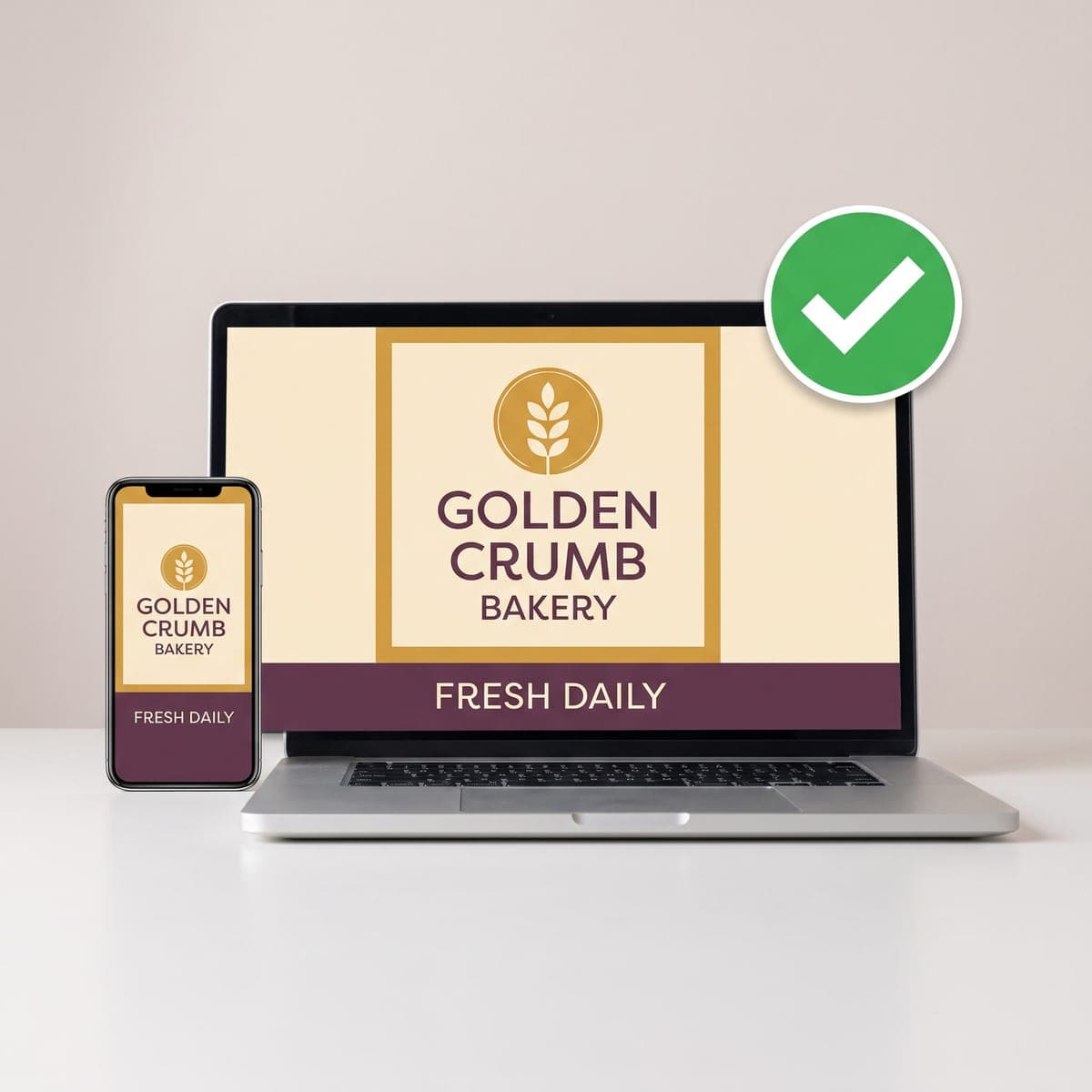 Laptop and phone showing the Golden Crumb Bakery sign panel proof with a green approval check