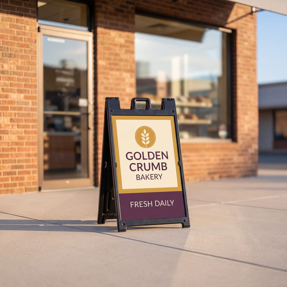 The finished Golden Crumb Bakery A-frame sign standing on the sidewalk outside a brick bakery storefront