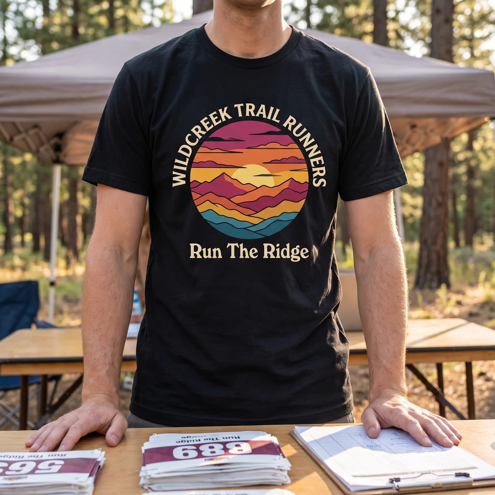 A person wearing the black Wildcreek Trail Runners t-shirt at an outdoor check-in table under a plain tent, with race bibs on the table