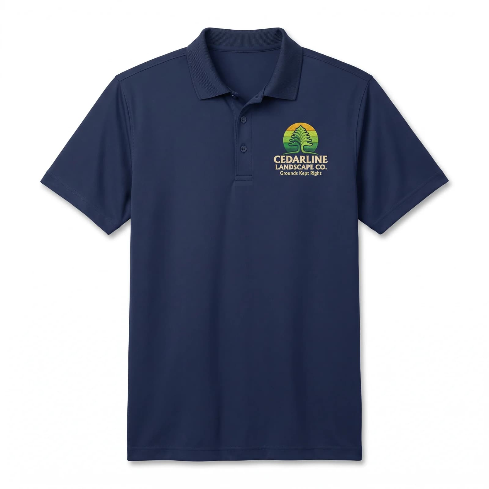 A True Navy performance polo with a left-chest embroidered tree and sun logo for Cedarline Landscape Co.