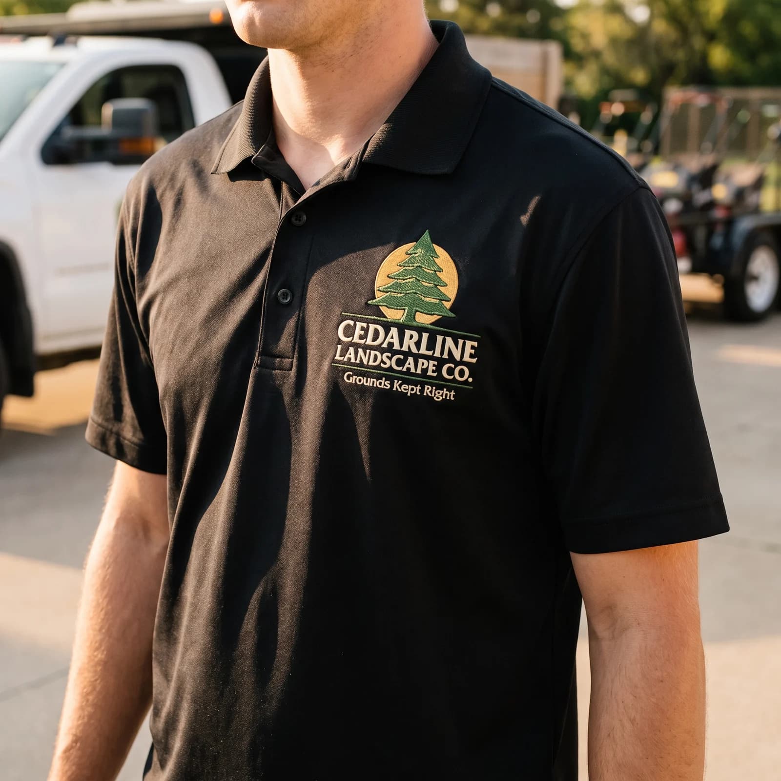 A person in a black performance polo with a stitched tree logo for Cedarline Landscape Co. on the left chest, standing by a white truck