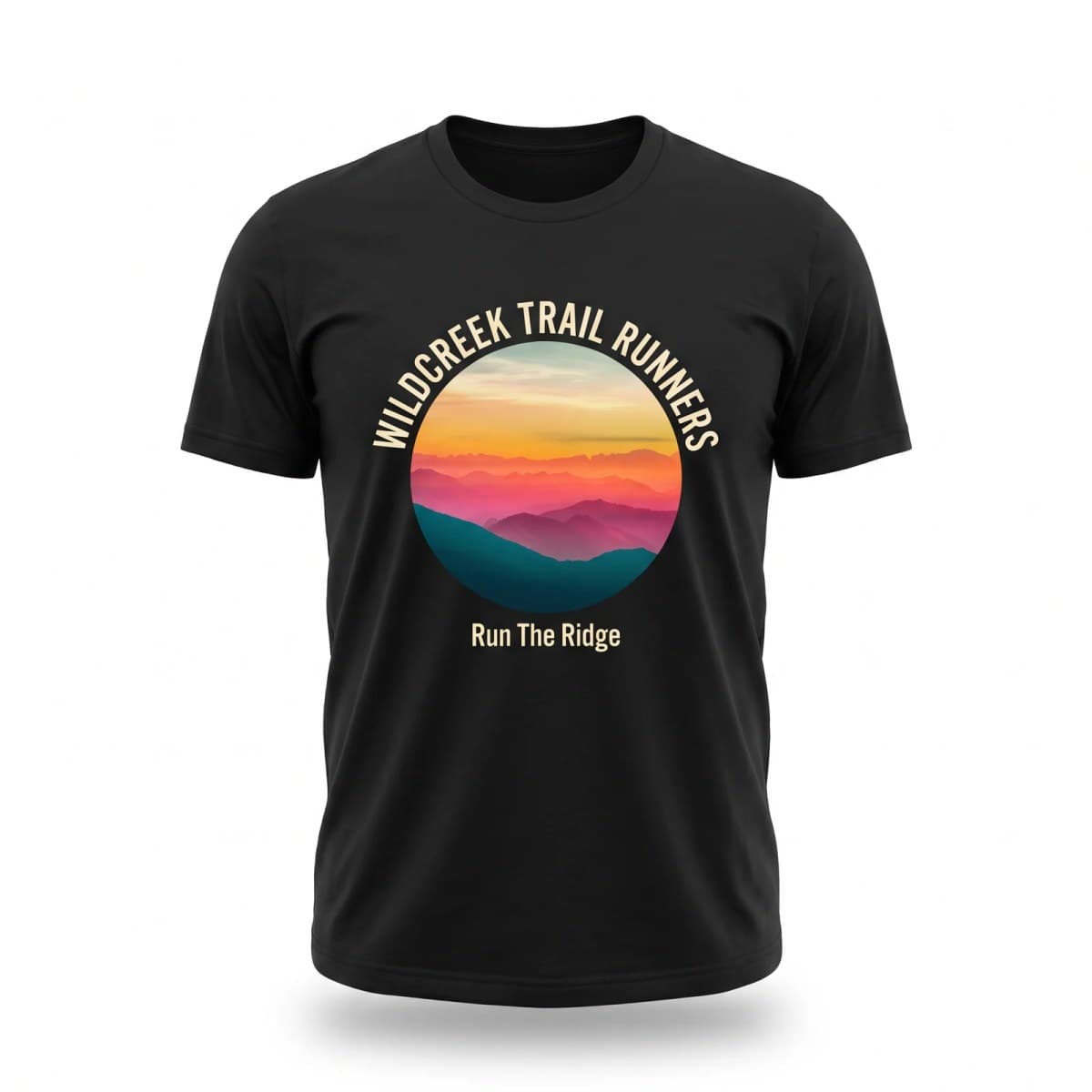 Black t-shirt on white printed with a full-colour Wildcreek Trail Runners sunset ridge design