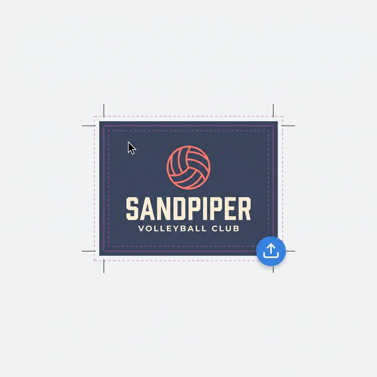 Flat Sandpiper Volleyball Club shirt print file laid out with bleed guides, crop marks, an upload icon and a cursor
