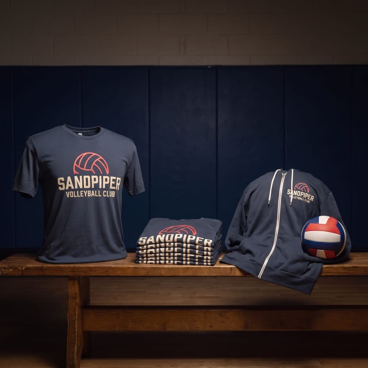 The finished Sandpiper Volleyball Club team apparel arranged on a bench in a gym with a volleyball