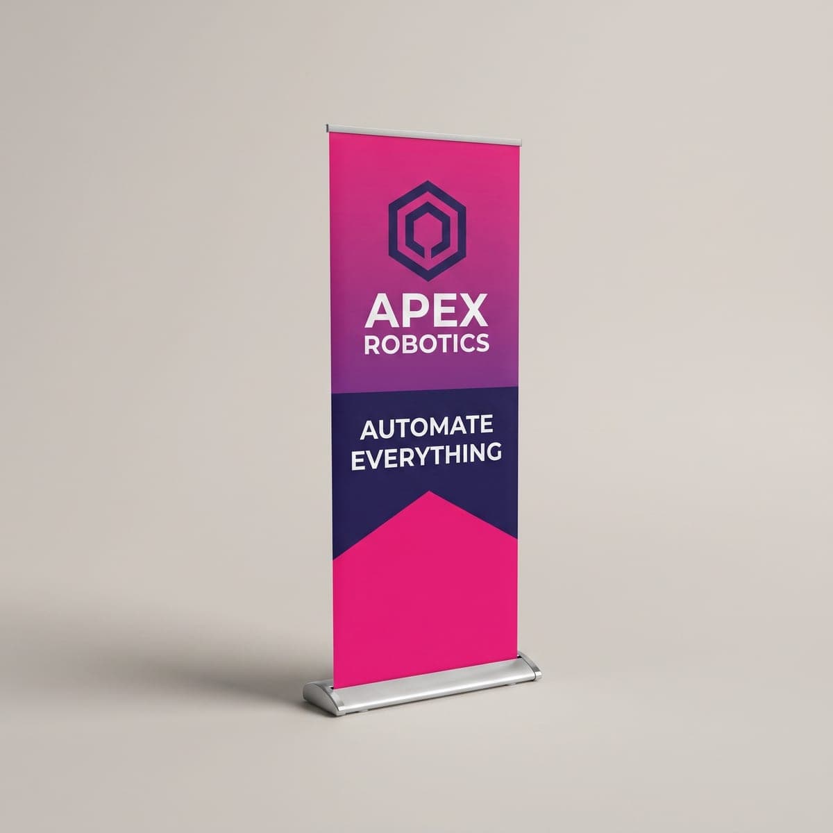 Magenta and purple Apex Robotics retractable banner stand fully deployed on a silver base in a studio