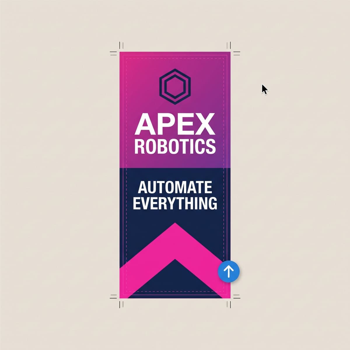 Flat Apex Robotics roll-up banner print file laid out with bleed guides, crop marks, an upload icon and a cursor