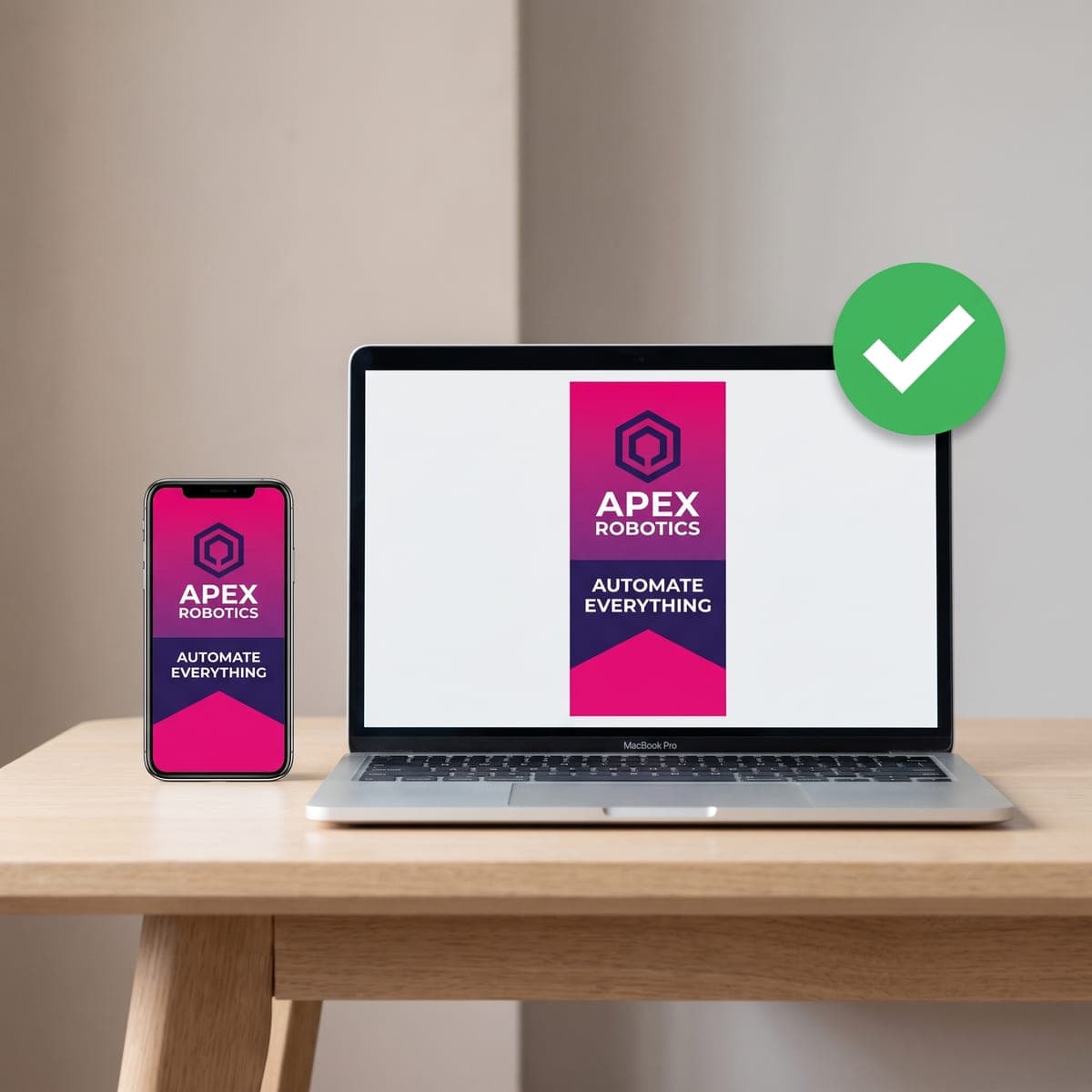 Laptop and phone showing the Apex Robotics banner stand proof with a green approval check