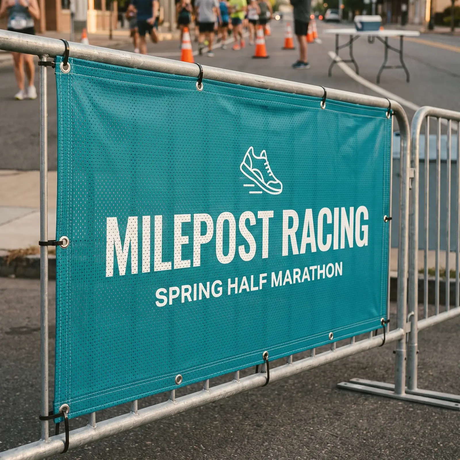 Teal mesh banner for Milepost Racing zip-tied to steel crowd barricades along a closed street at a half marathon