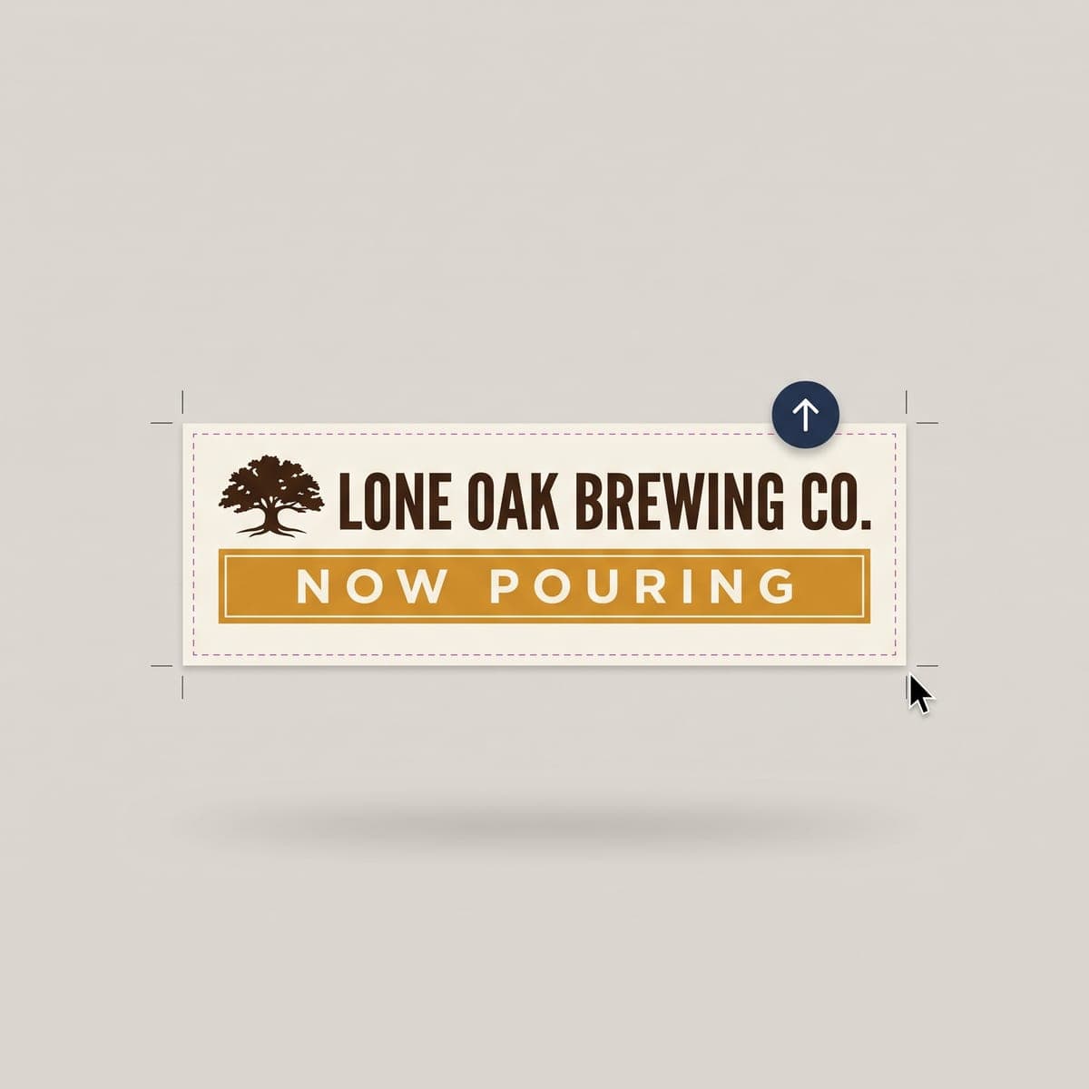 Flat Lone Oak Brewing Co. banner print file laid out with bleed guides, crop marks, an upload icon and a cursor