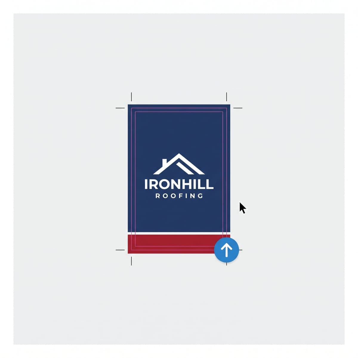 Flat Ironhill Roofing business card print file laid out with bleed guides, crop marks, an upload icon and a cursor