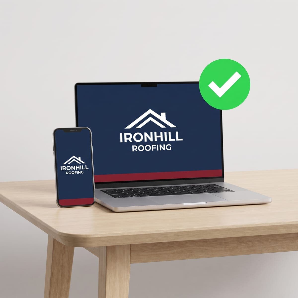 Laptop and phone showing the Ironhill Roofing business card proof with a green approval check