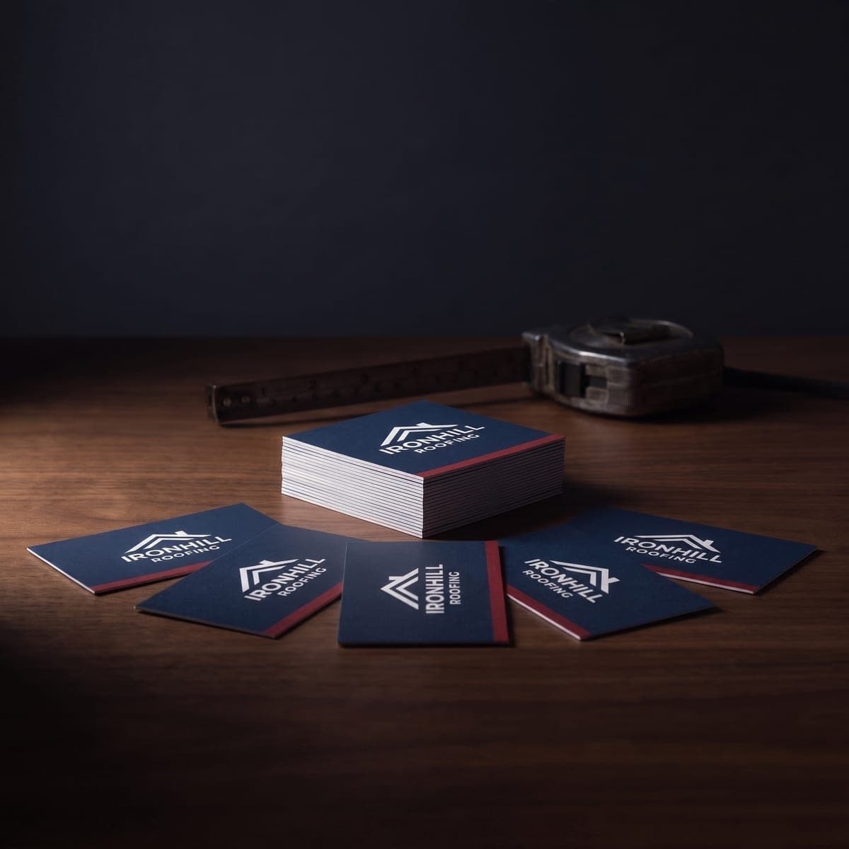 The finished Ironhill Roofing business cards fanned beside a tape measure on a walnut desk
