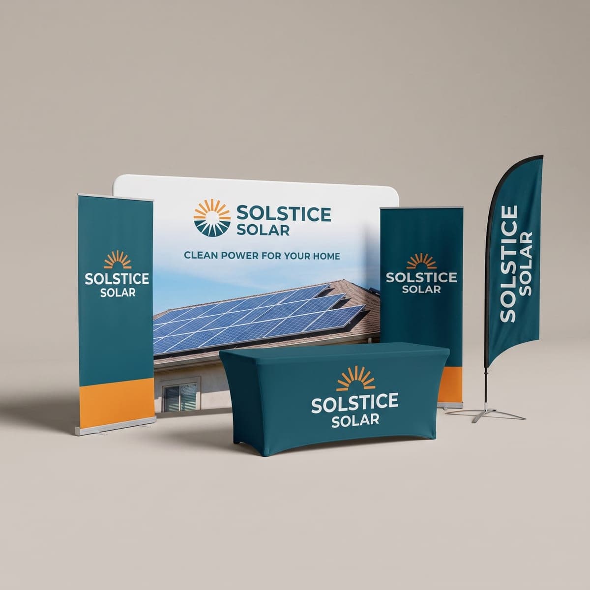 Complete Solstice Solar booth kit with backwall, banner stands, table cover and feather flag in a studio