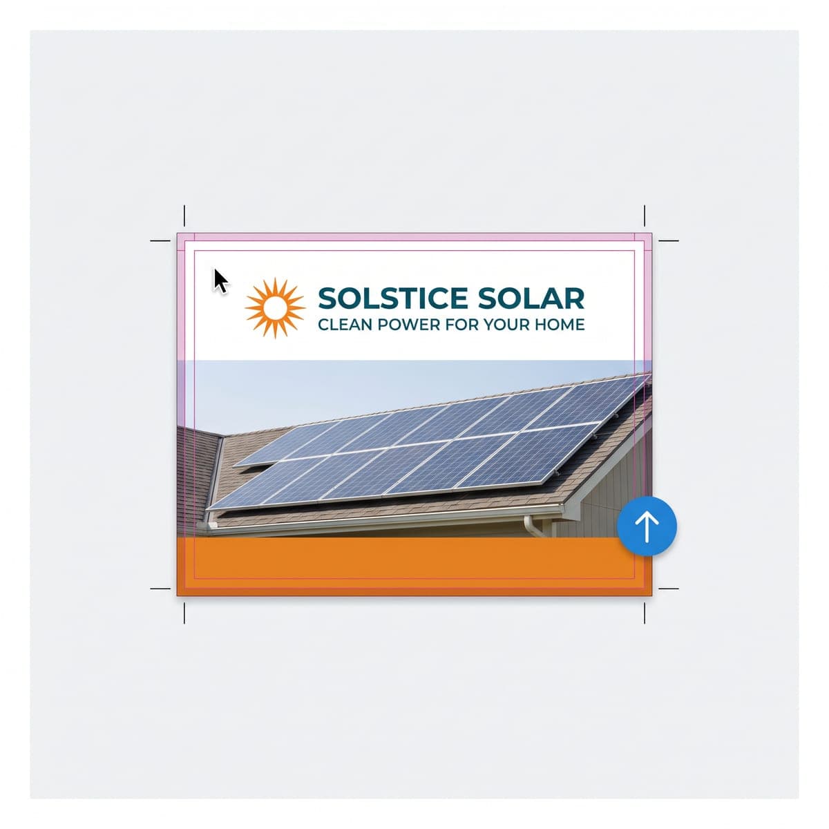 Flat Solstice Solar backwall print file laid out with bleed guides, crop marks, an upload icon and a cursor
