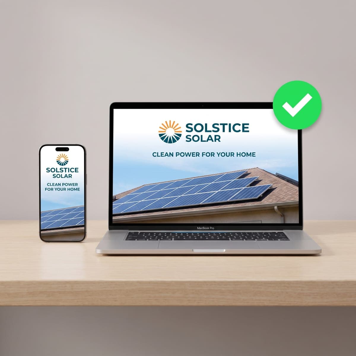 Laptop and phone showing the Solstice Solar backwall proof with a green approval check