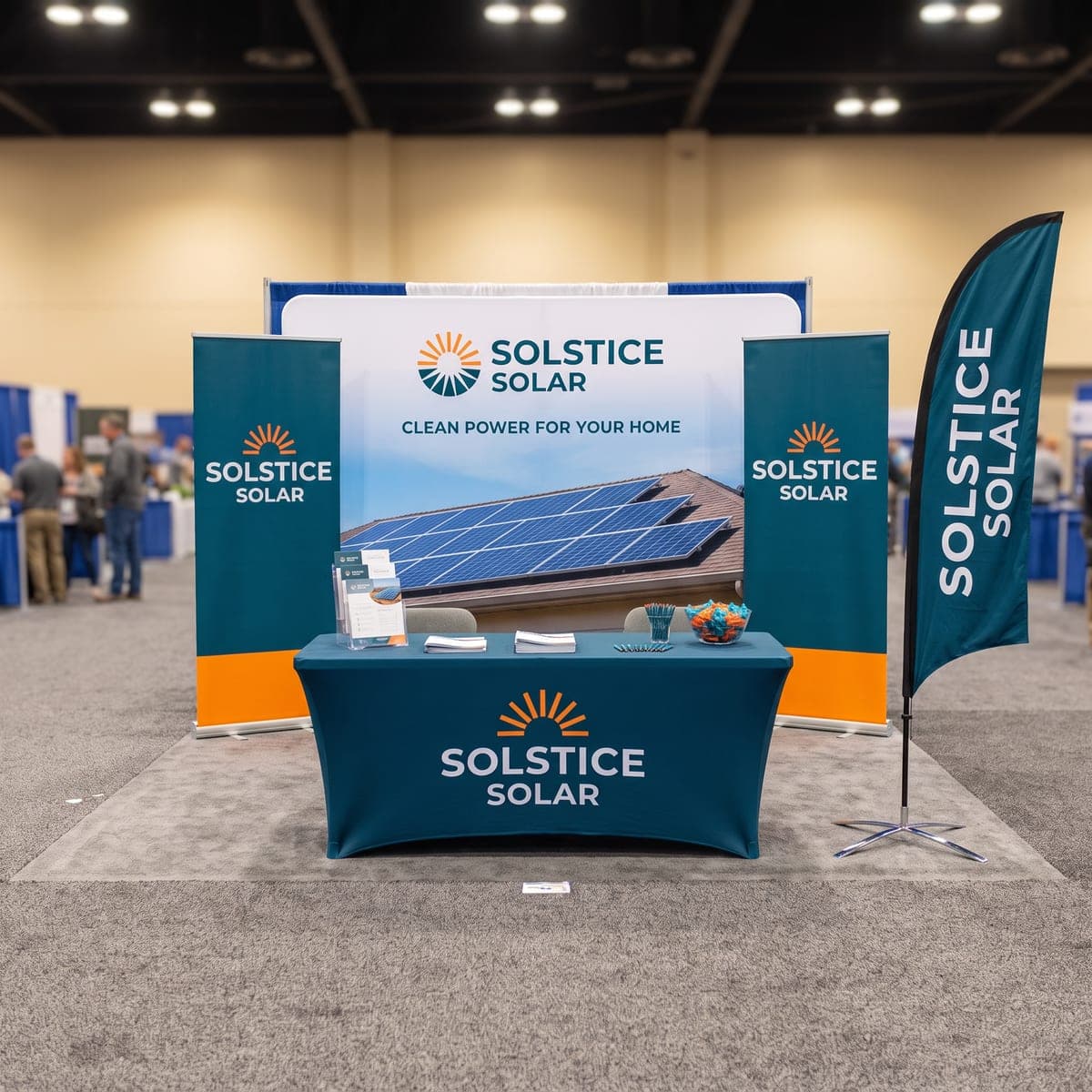 The finished Solstice Solar booth set up on the trade show floor