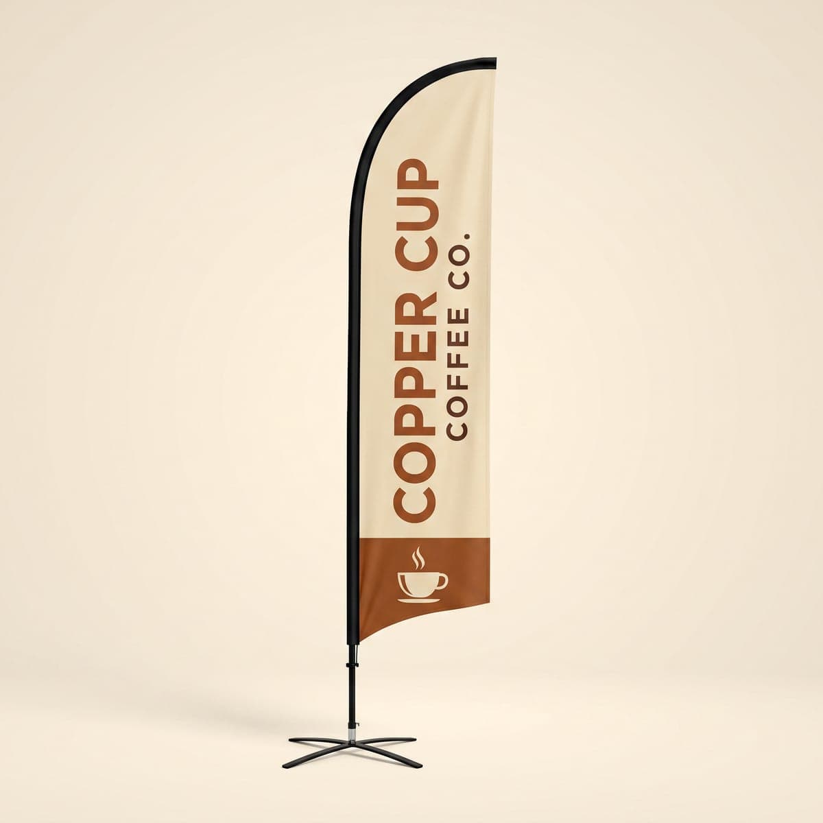 Cream Copper Cup Coffee Co. feather flag with a copper wordmark and a brown coffee cup panel, standing on a black cross base against a studio backdrop