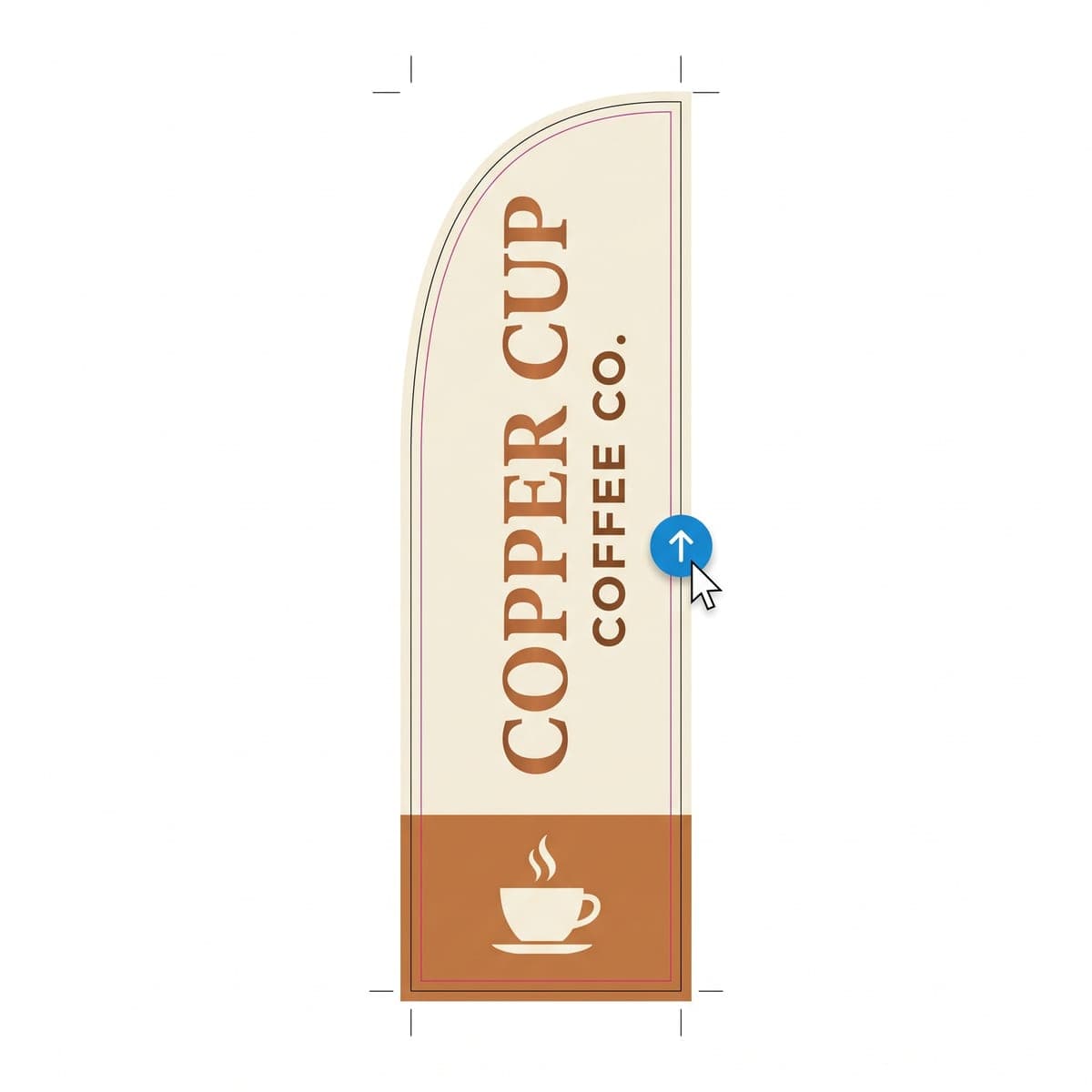 Flat Copper Cup Coffee Co. feather flag print file laid out with bleed guides, crop marks, an upload icon and a cursor