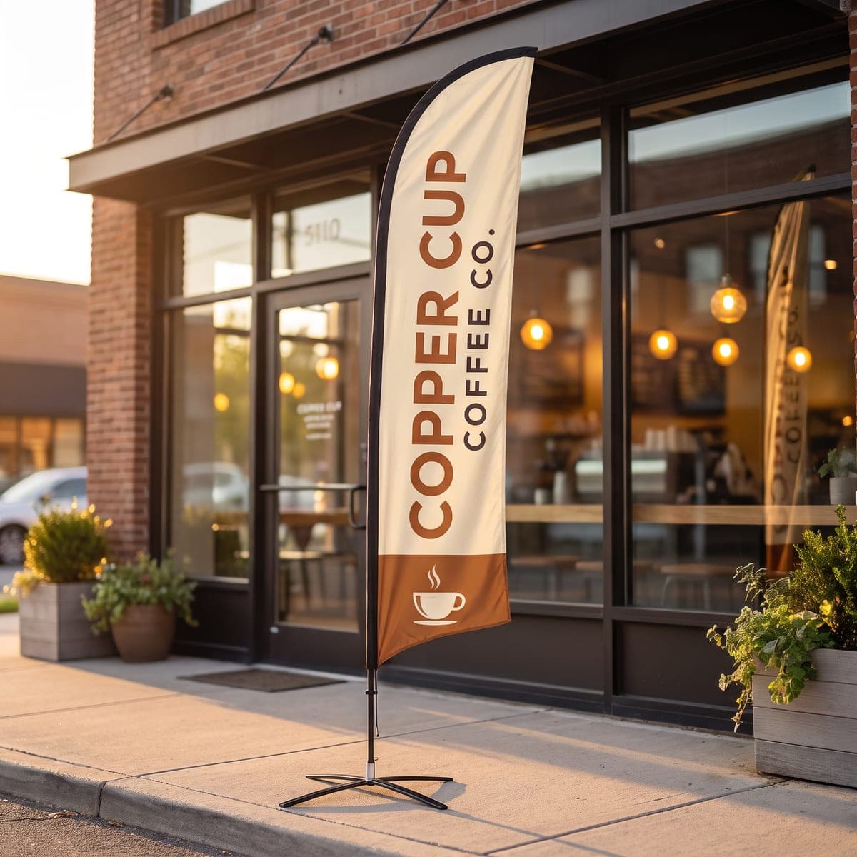 The finished Copper Cup Coffee Co. feather flag on its cross base on the sidewalk outside a brick coffee shop at golden hour