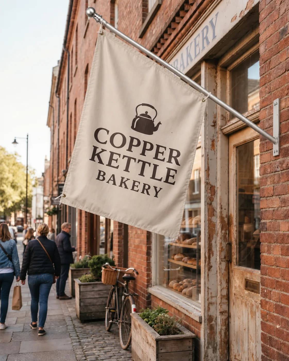 Cream house flag with a kettle mark and dark lettering, hung from a silver angled bracket on a brick storefront