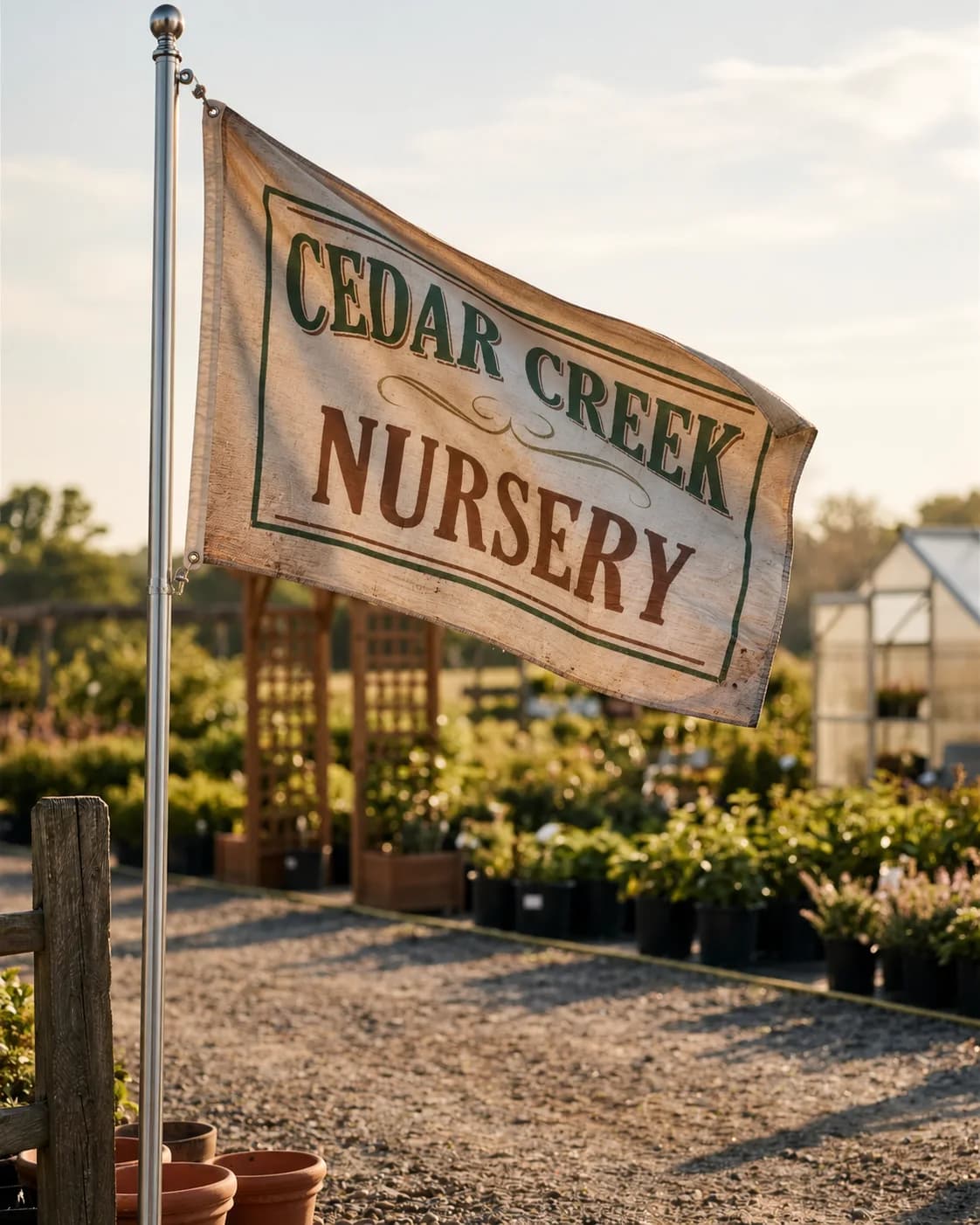 A cream and green printed pole flag for Cedar Creek Nursery flying from an aluminum flagpole above a nursery yard in low morning sun