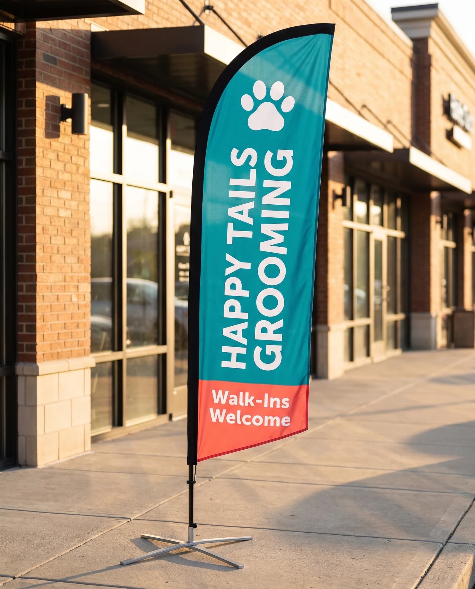A custom printed feather flag on a cross base in front of a storefront