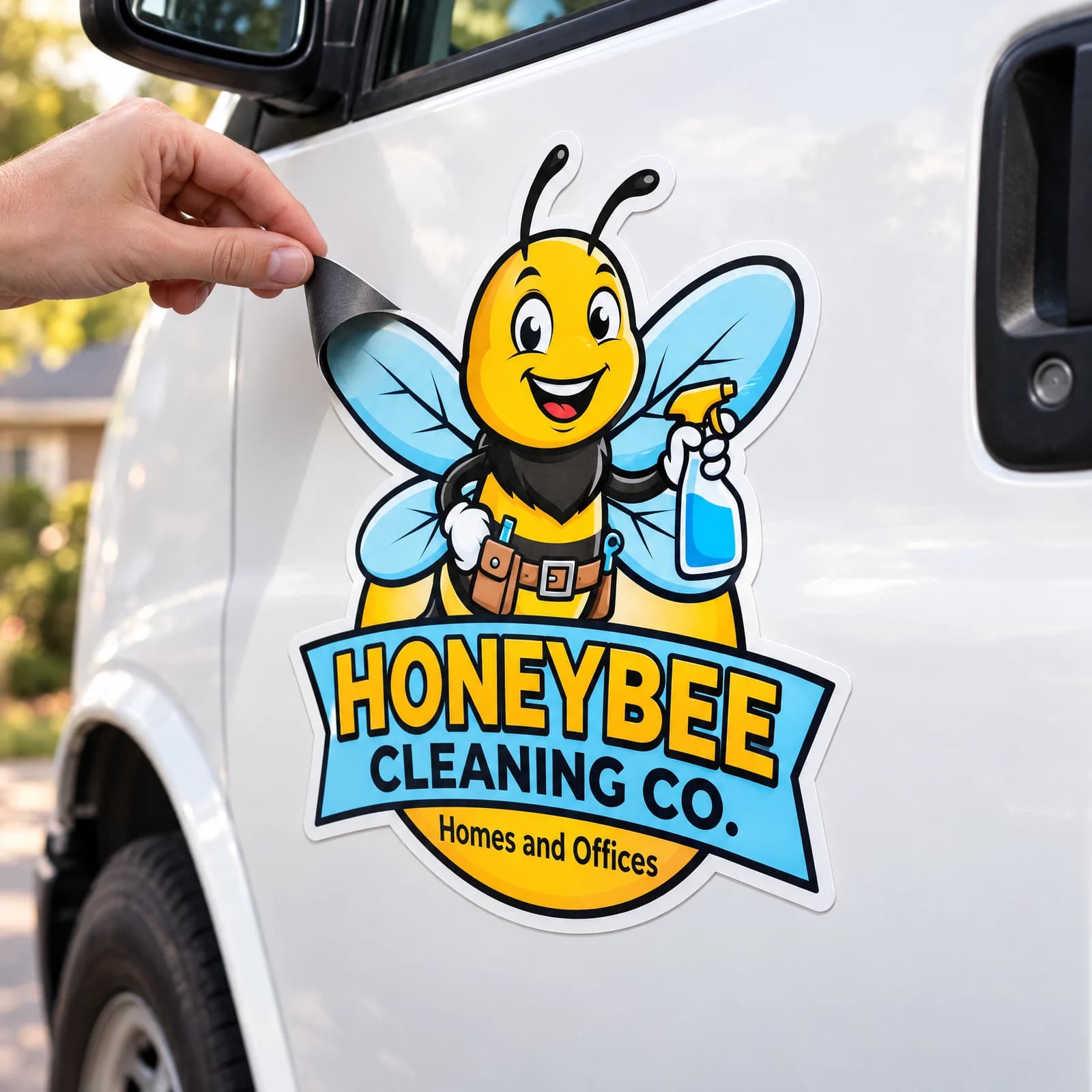 A hand lifting the wing of a honeybee-shaped magnet for Honeybee Cleaning Co. off a white van door, showing the dark magnetic backing