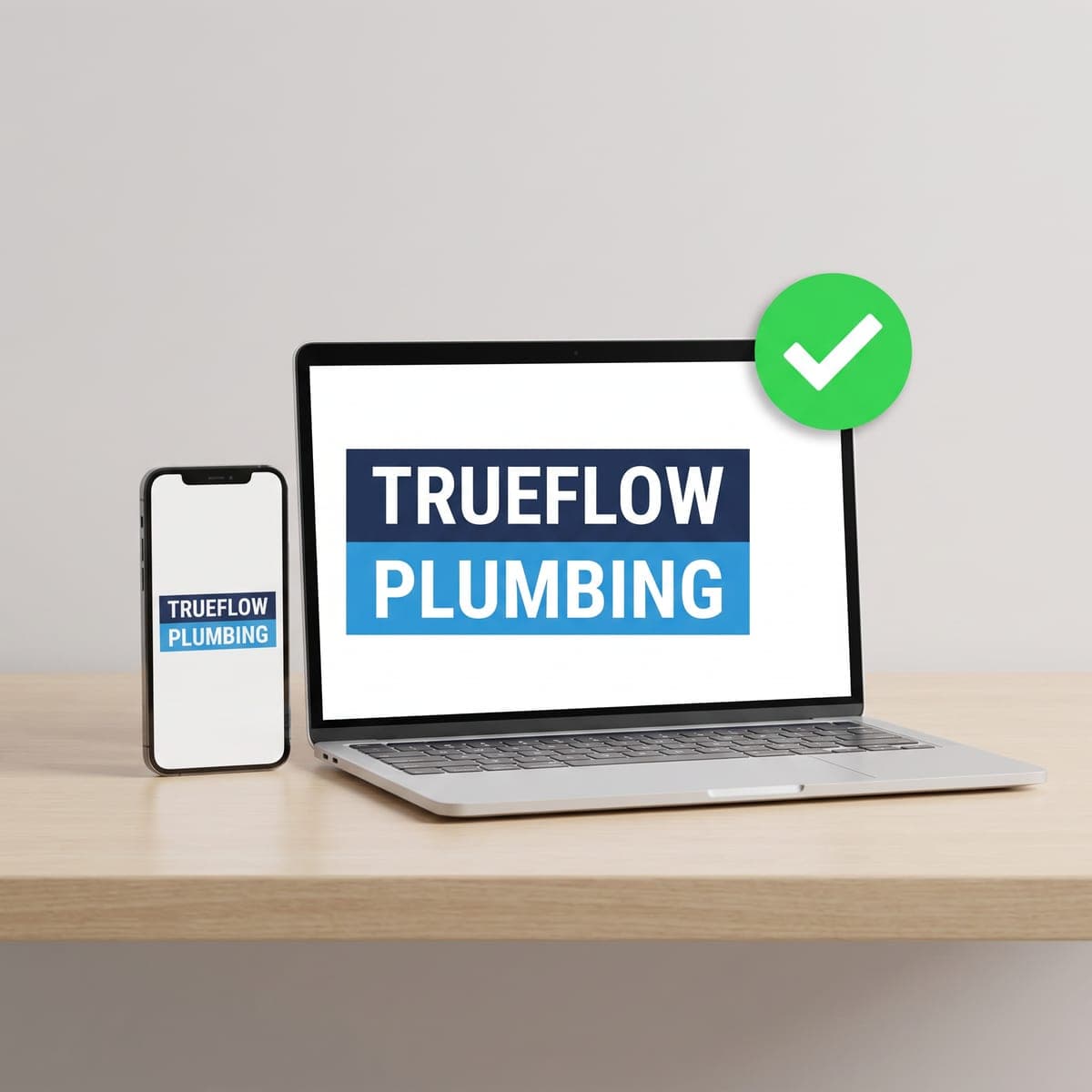 Laptop and phone showing the Trueflow Plumbing magnet proof with a green approval check