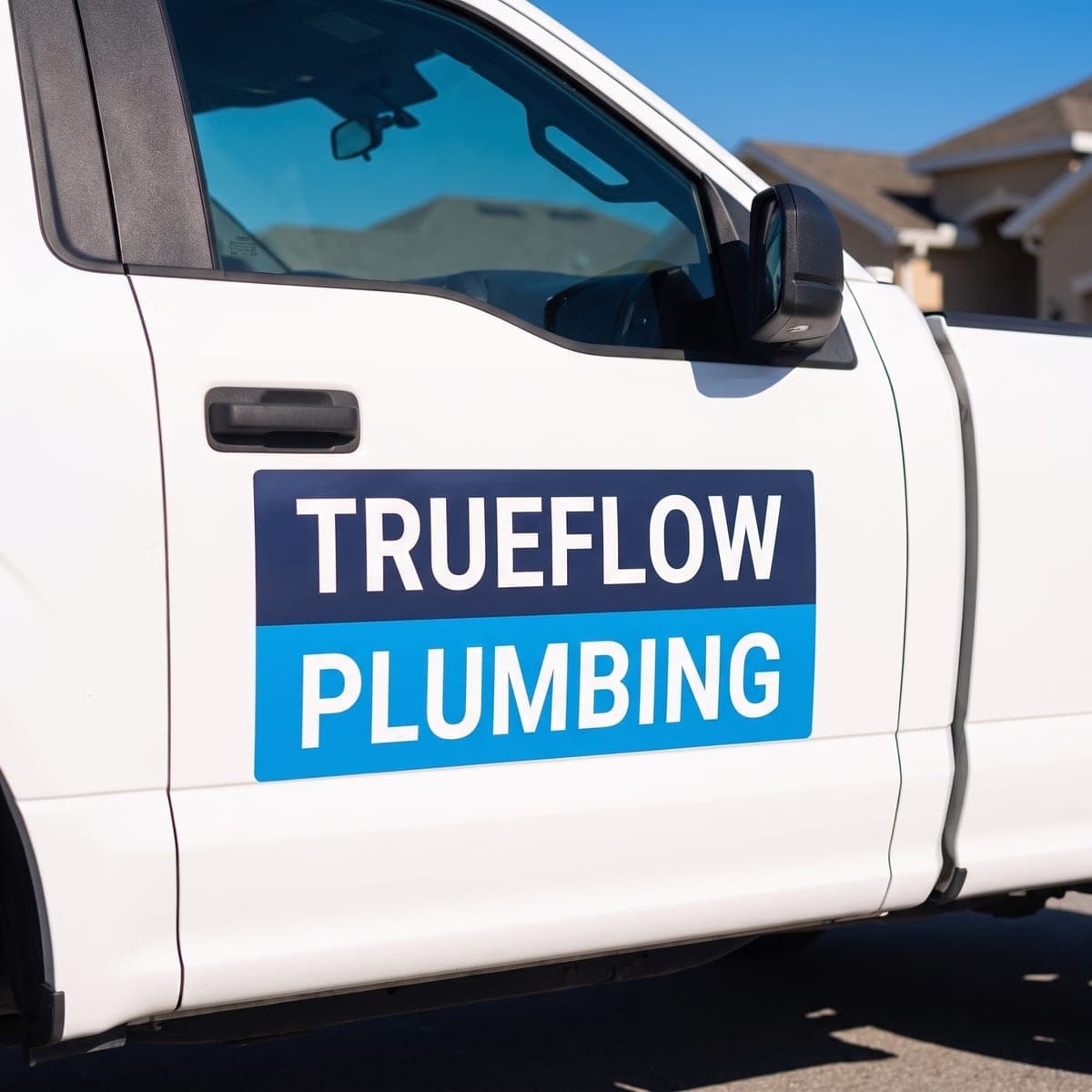 The finished Trueflow Plumbing magnet applied to the door of a white pickup truck