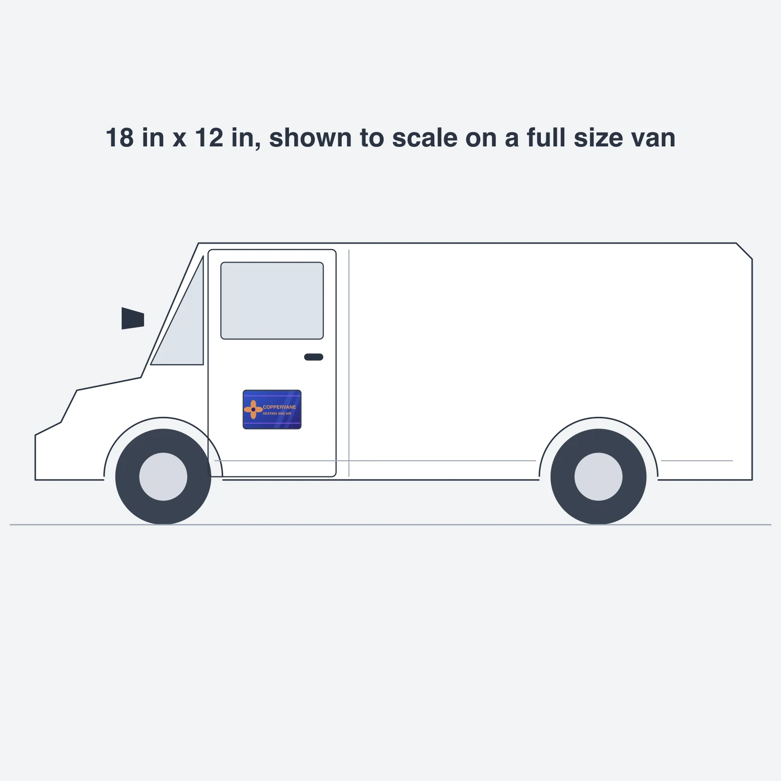 Scale drawing of a full size cargo van with an 18 inch by 12 inch vehicle magnet on the front door, drawn at true size