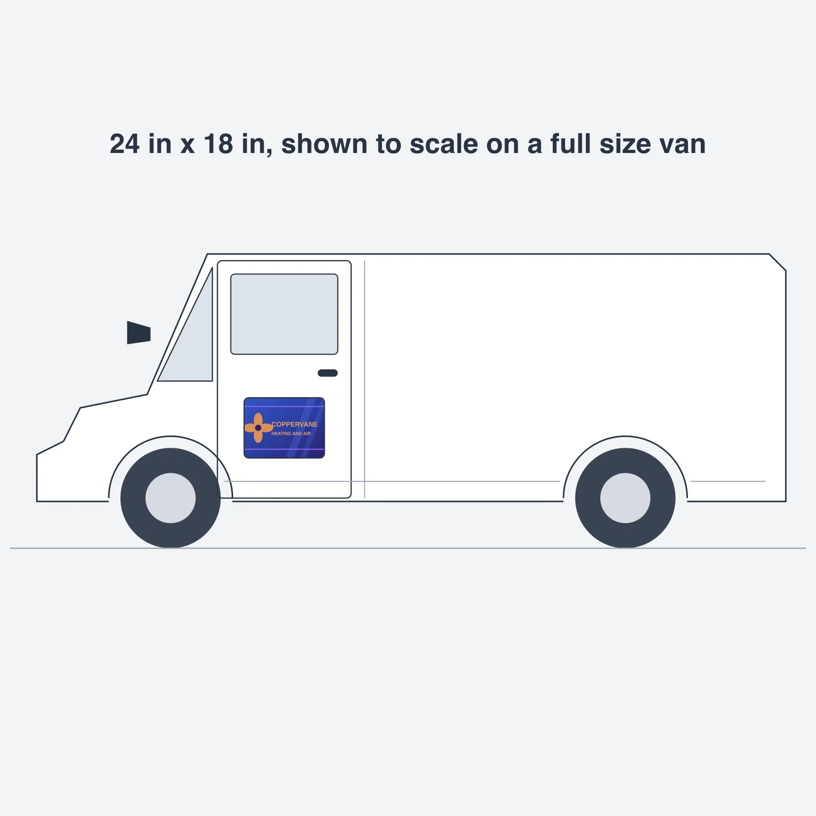 Scale drawing of the same cargo van with a 24 inch by 18 inch vehicle magnet on the front door, drawn at true size