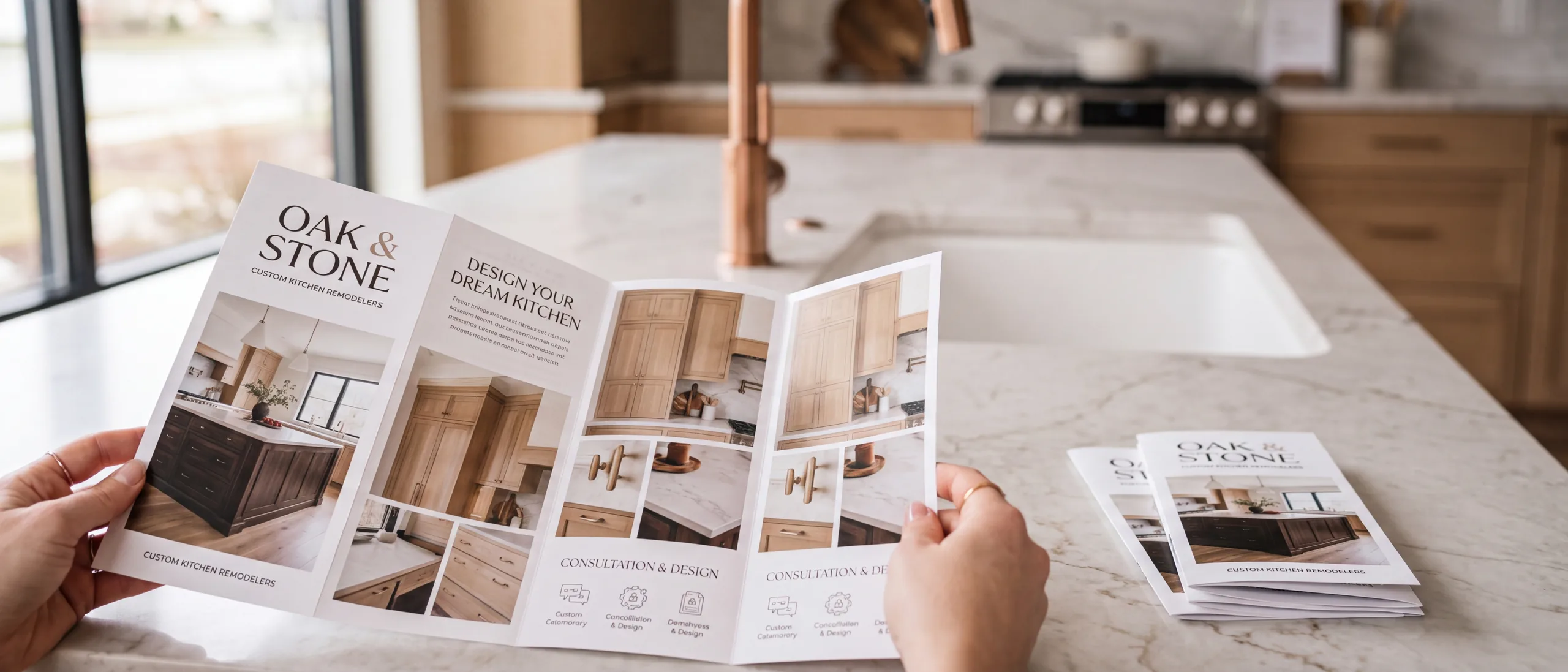 Hands holding an open kitchen remodeling brochure with photo panels over a marble kitchen island, with folded copies stacked beside it