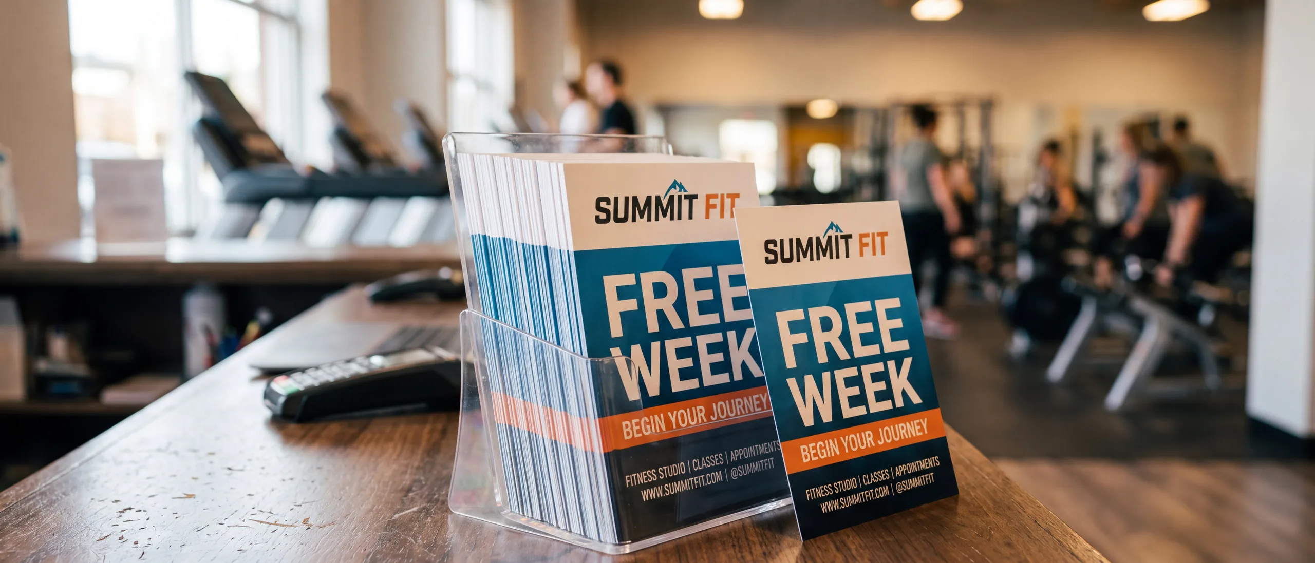 Stacks of blue, orange, and white fitness flyers in a clear acrylic holder on a gym counter, with one flyer propped in front