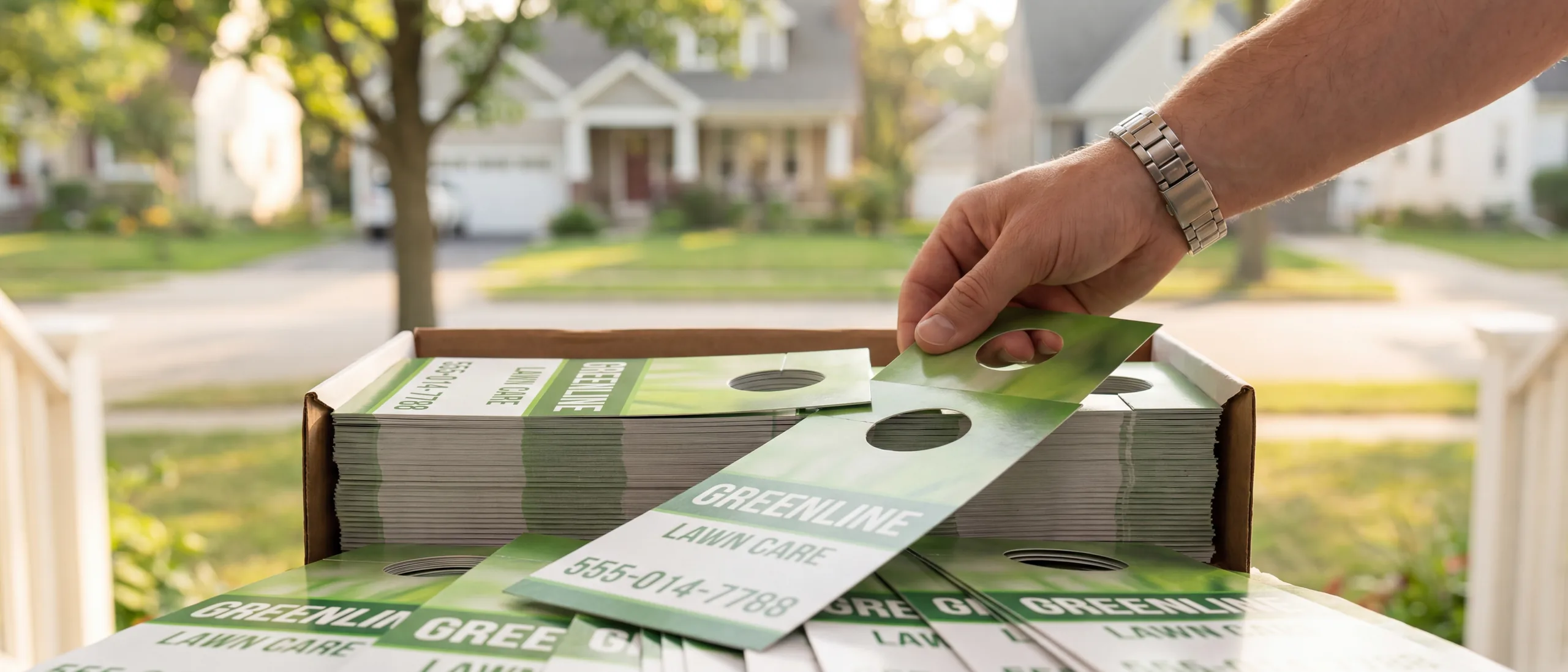 Hand lifting a printed lawn care door hanger from a full box of door hangers