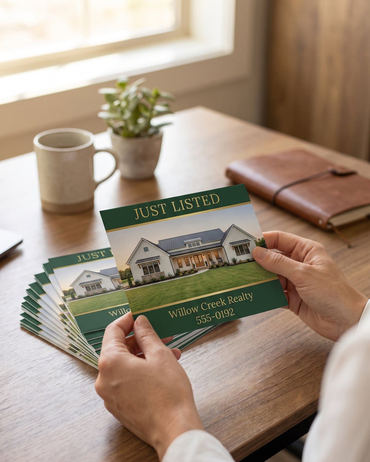 Fanned stack of 6x9 Just Listed postcards for Willow Creek Realty held on a real estate office desk