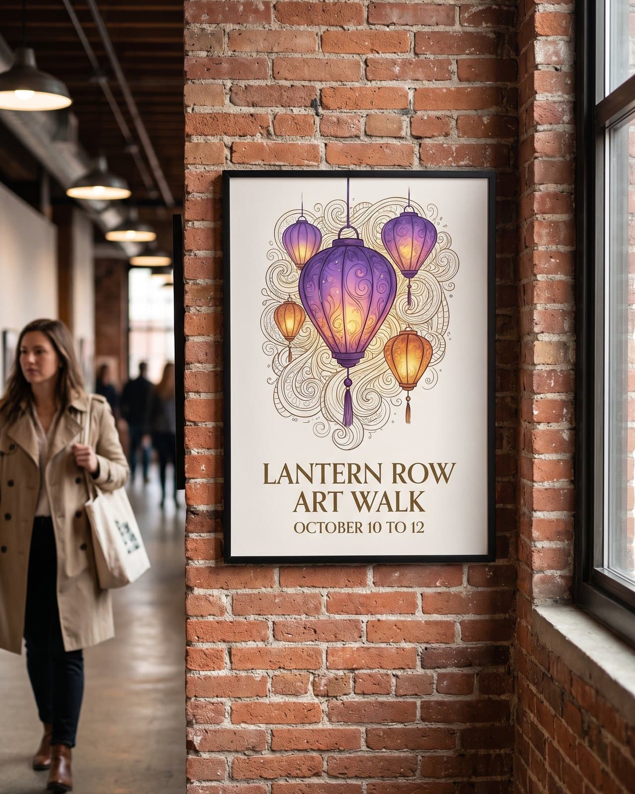 24x36 large format satin poster for Lantern Row Art Walk in a black snap frame on a gallery brick wall with a visitor walking past for scale