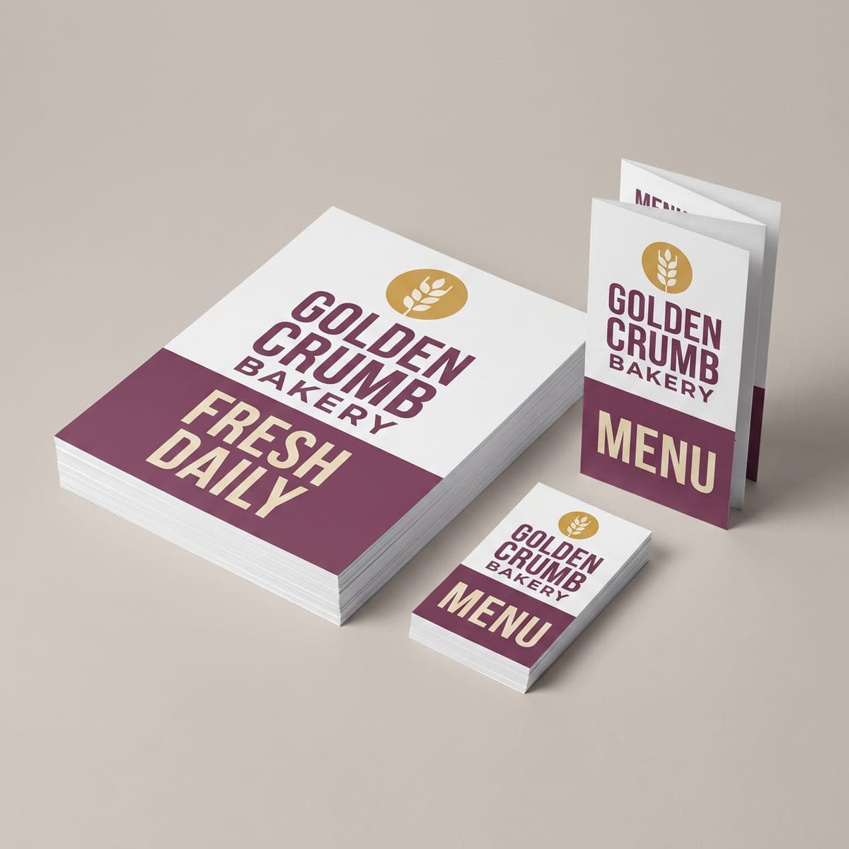 Cream and plum Golden Crumb Bakery flyers, folded menus and rack cards in a studio