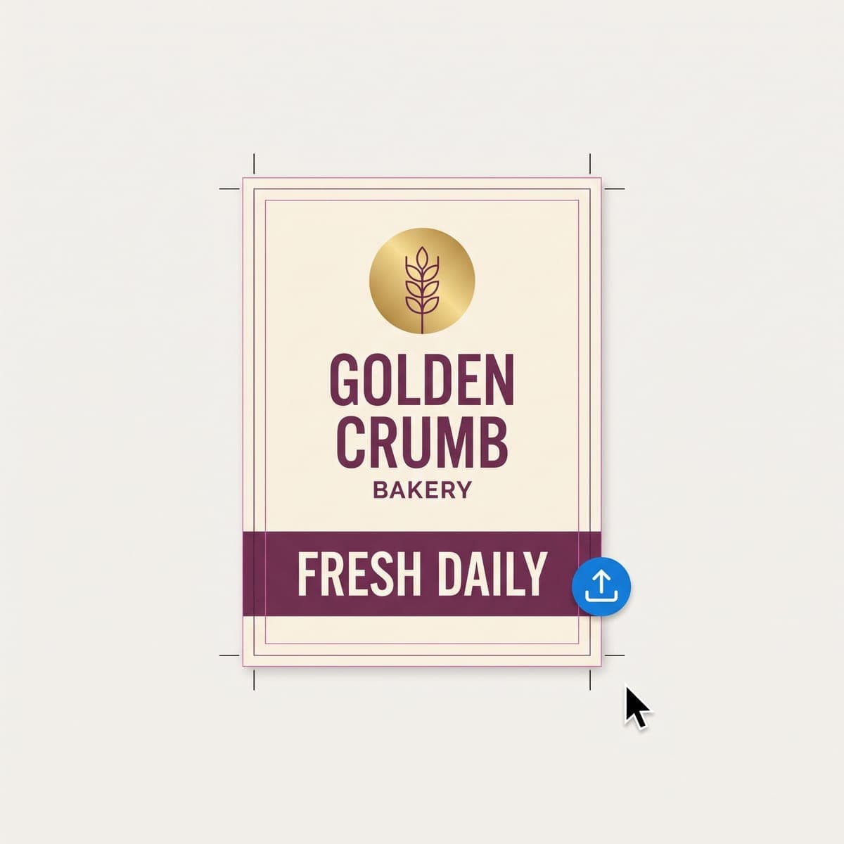 Flat Golden Crumb Bakery flyer print file laid out with bleed guides, crop marks, an upload icon and a cursor