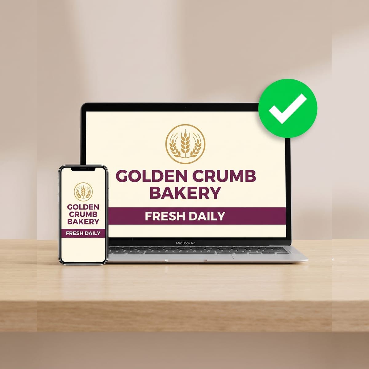 Laptop and phone showing the Golden Crumb Bakery flyer proof with a green approval check