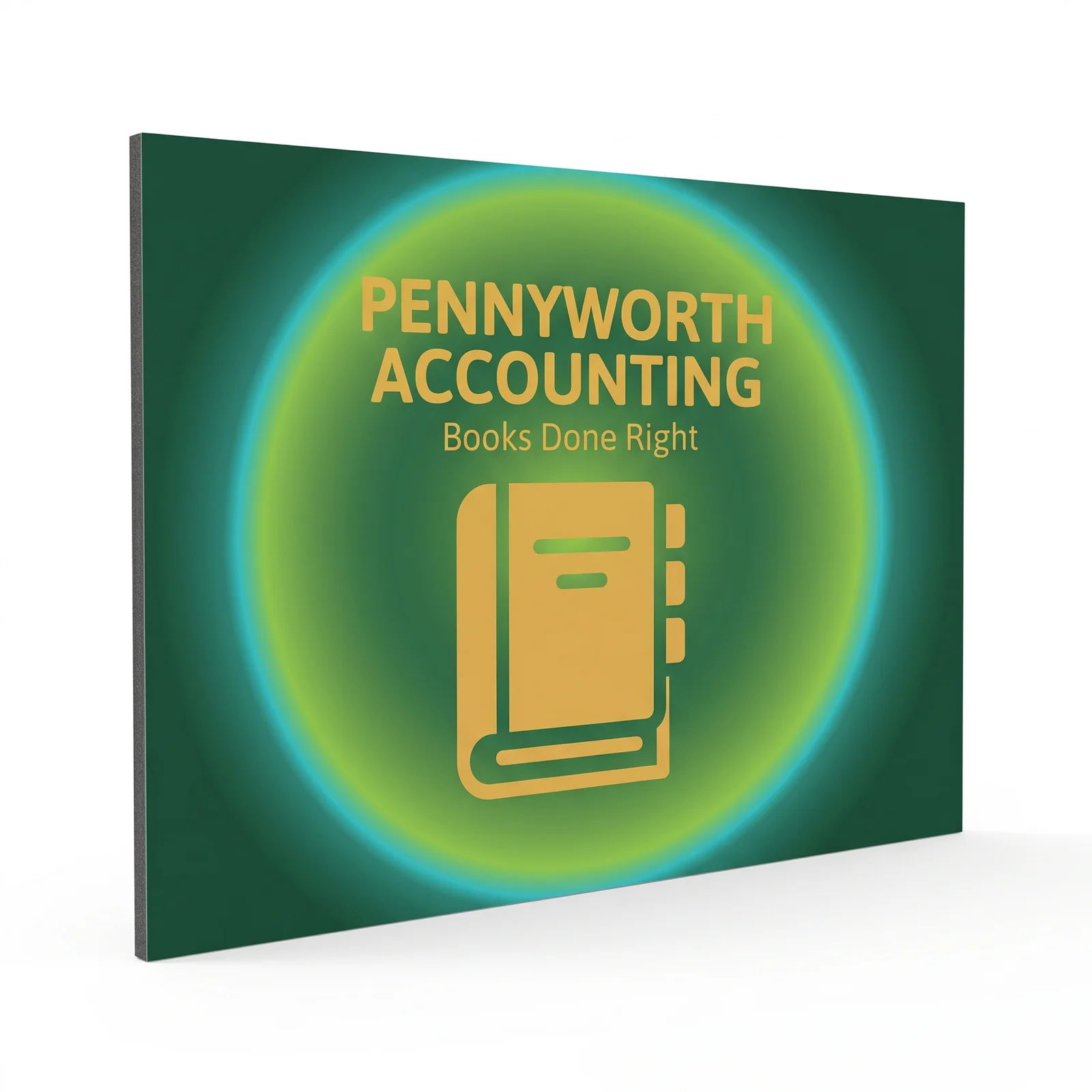 A full colour Pennyworth Accounting GatorFoam sign standing on a white studio ground, a green and teal radial glow behind a gold ledger mark