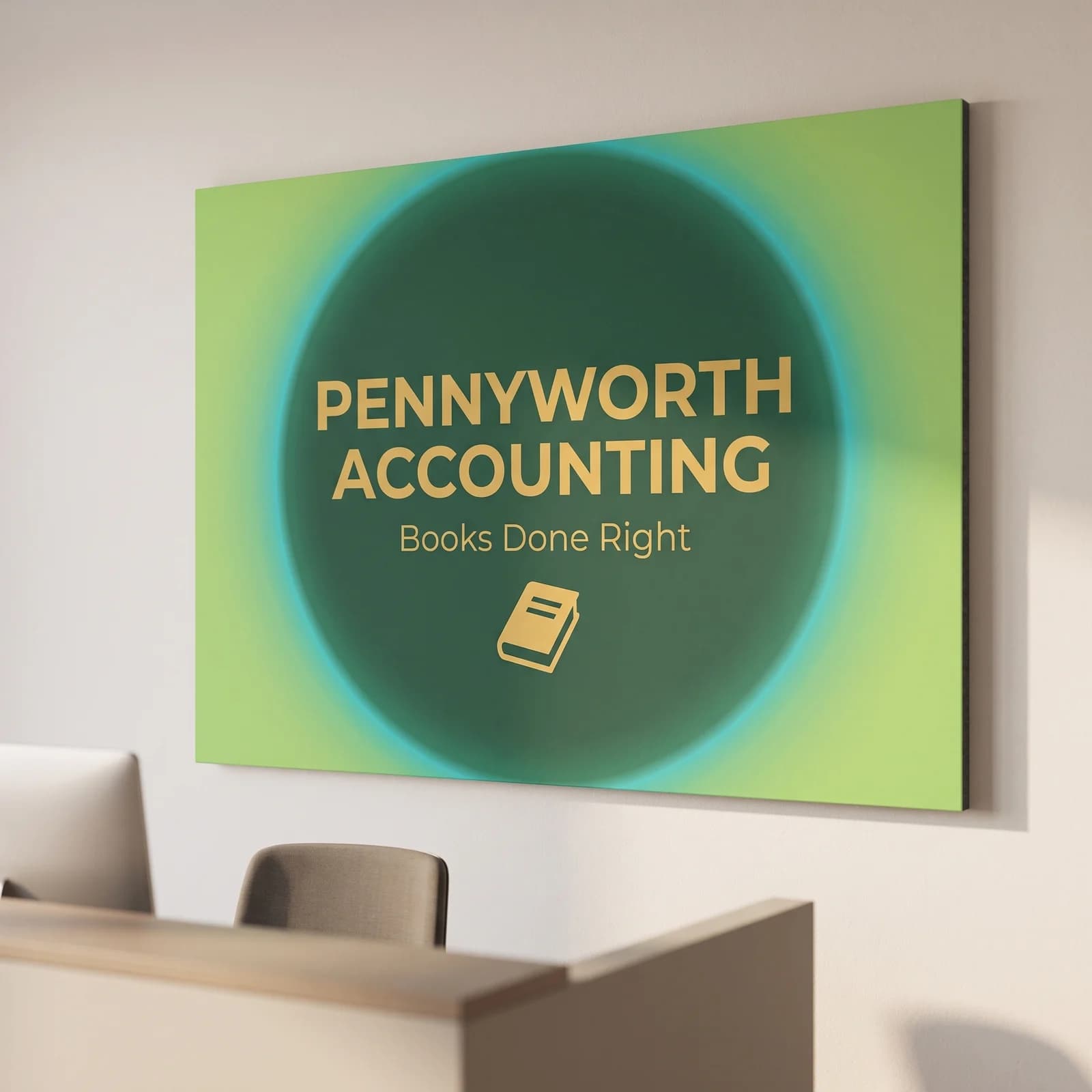 The Pennyworth Accounting GatorFoam panel mounted frameless on a reception wall above the front desk, standing proud of the wall on its own thickness