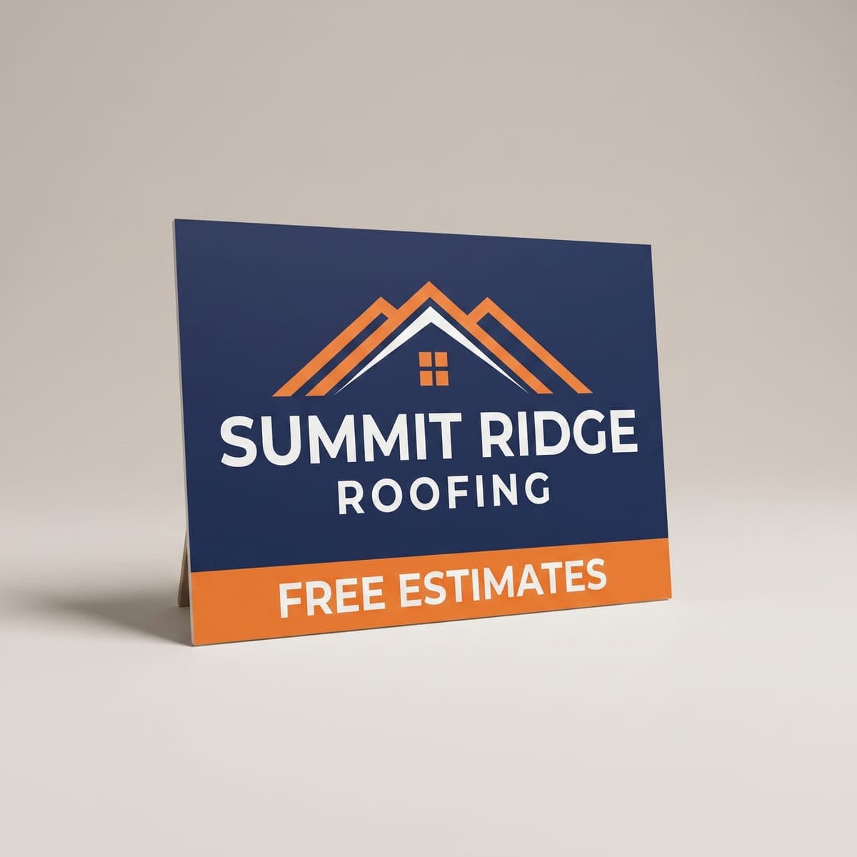 Navy Summit Ridge Roofing rigid sign panel with an orange roofline logo and a Free Estimates band, displayed in a studio