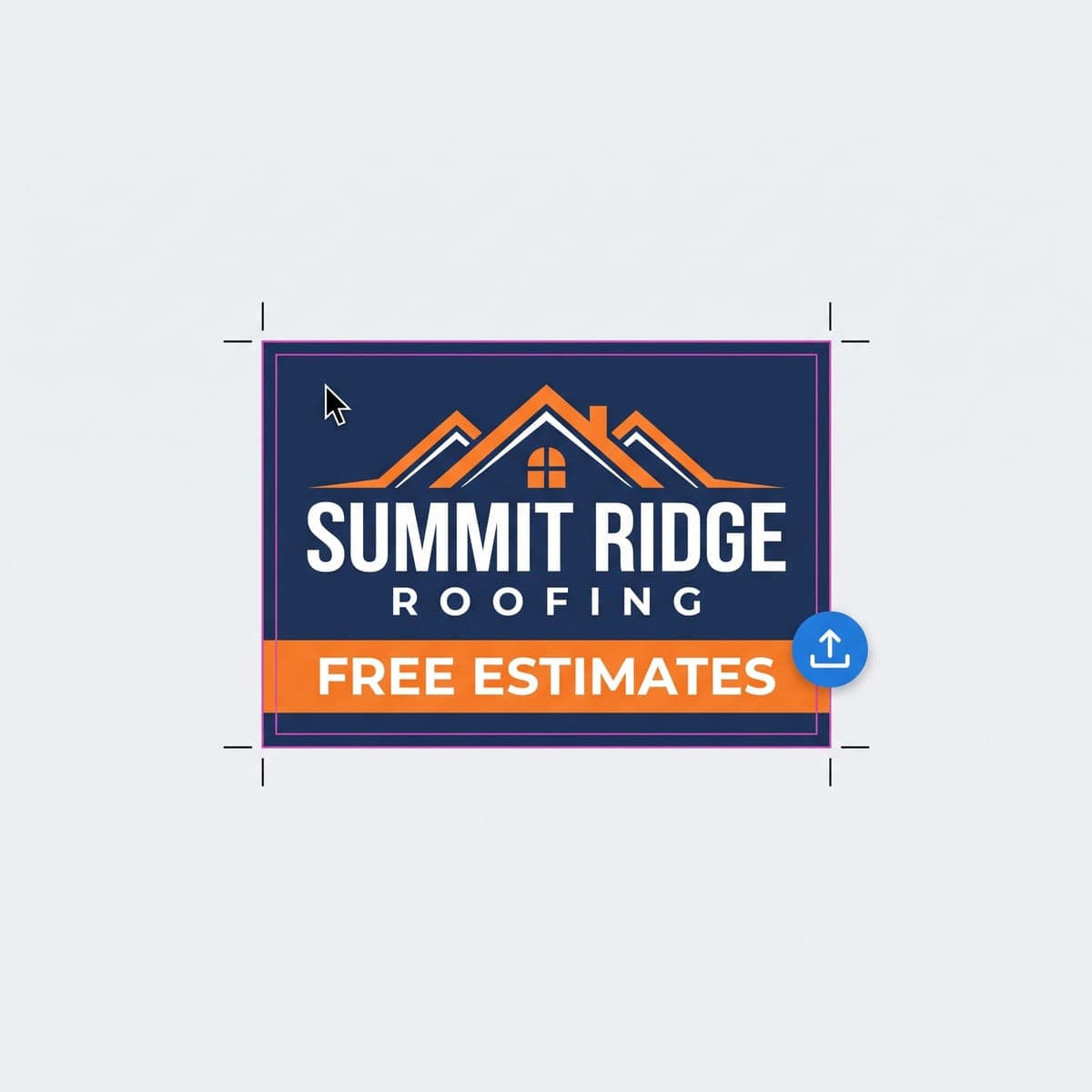 Flat Summit Ridge Roofing sign print file laid out with bleed guides, crop marks, an upload icon and a cursor